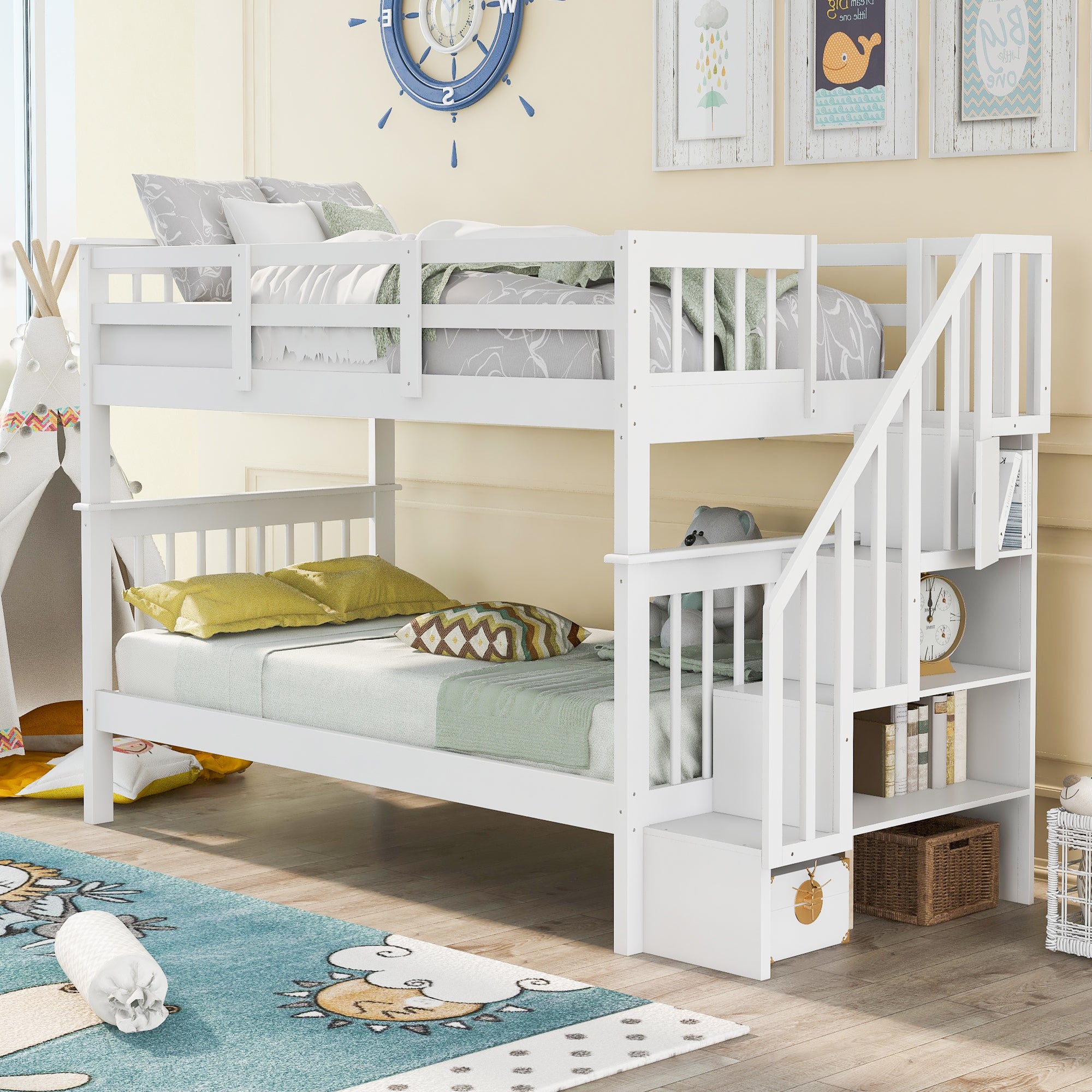 Stairway Twin-Over-Twin Bunk Bed with Storage and Guard Rail for Bedroom (White)