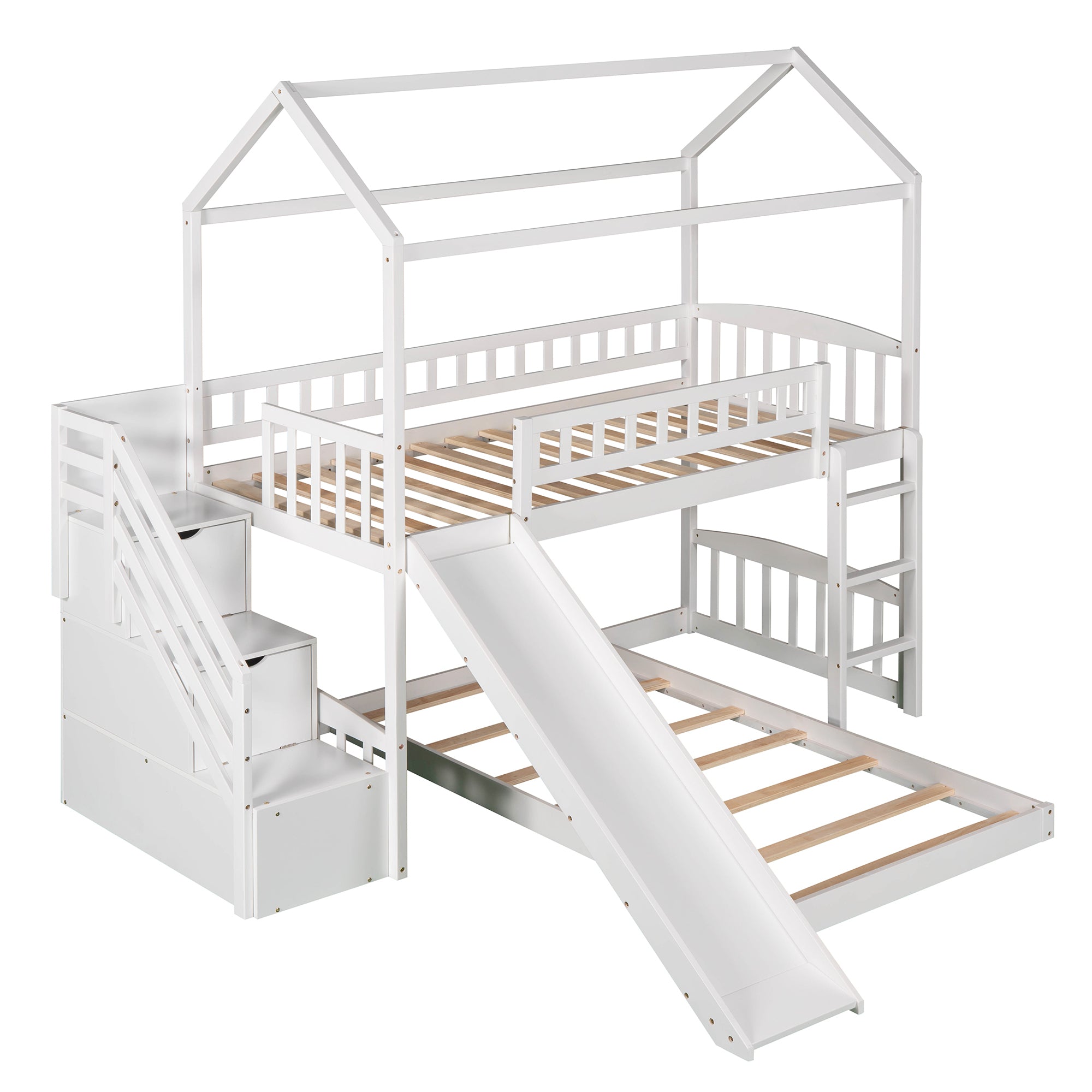 Twin Over Twin Bunk Bed with Two Drawers and Slide (White)