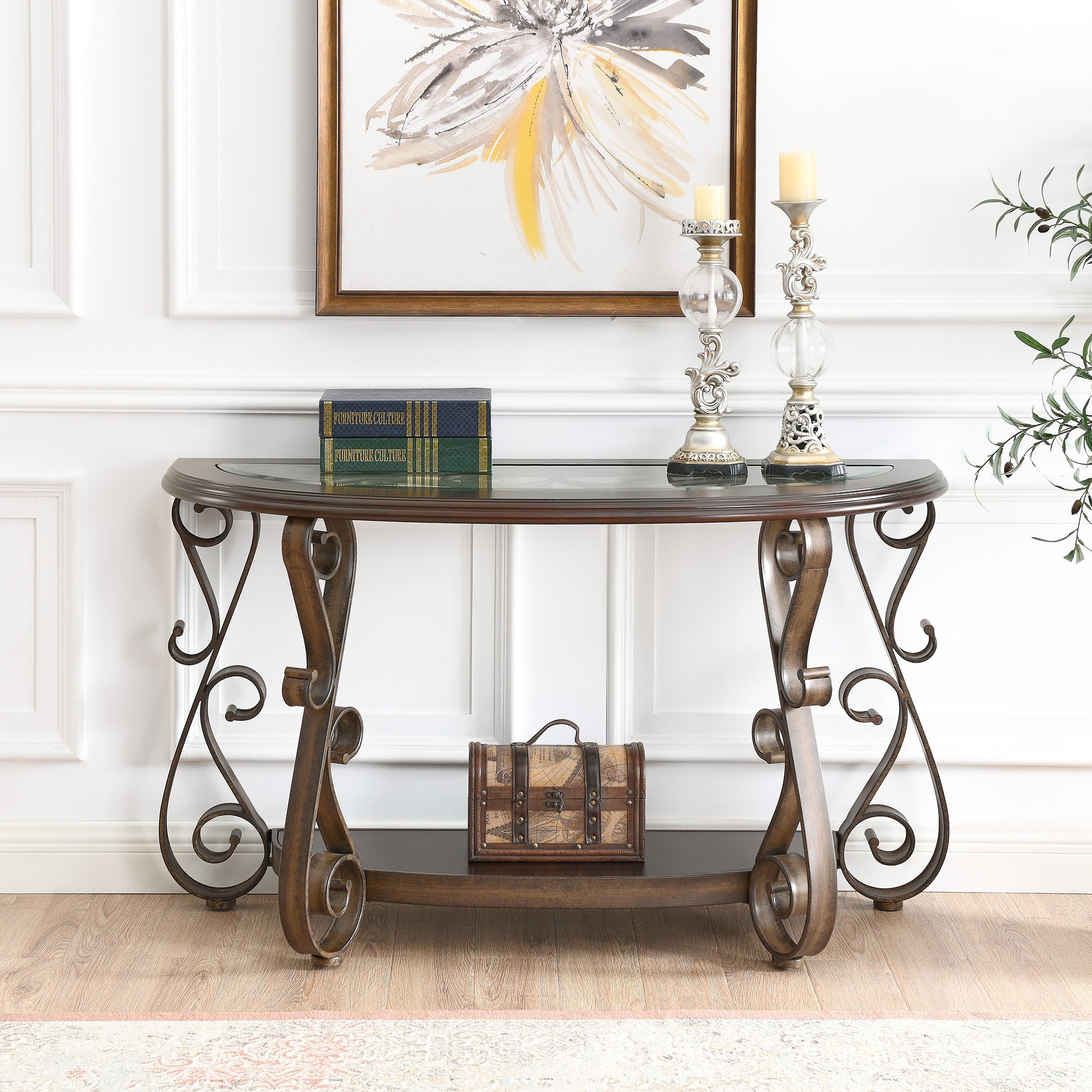 Console Table with Glass Table Top and Powder Coat Finish Metal Legs (Dark Brown)