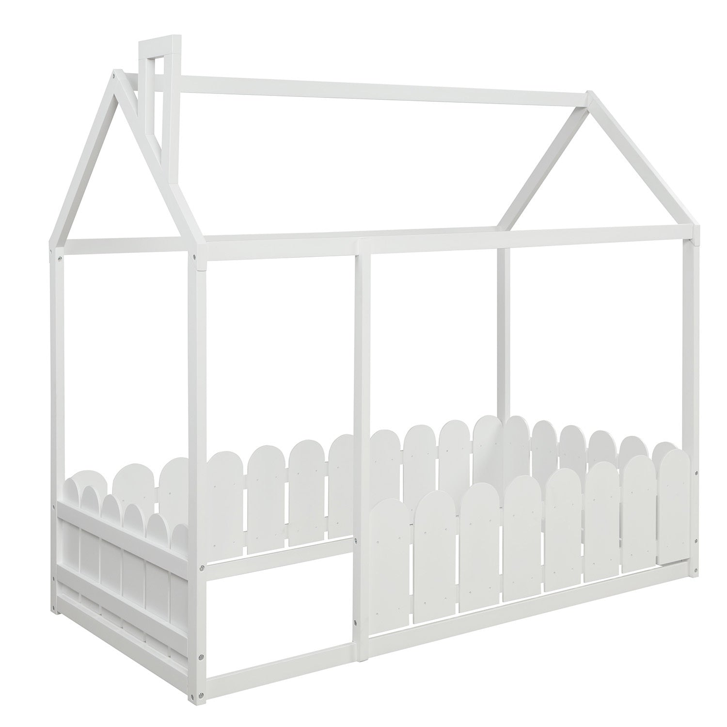 Twin Size Wood Bed House Bed Frame with Fence (White) (Slats are not included)