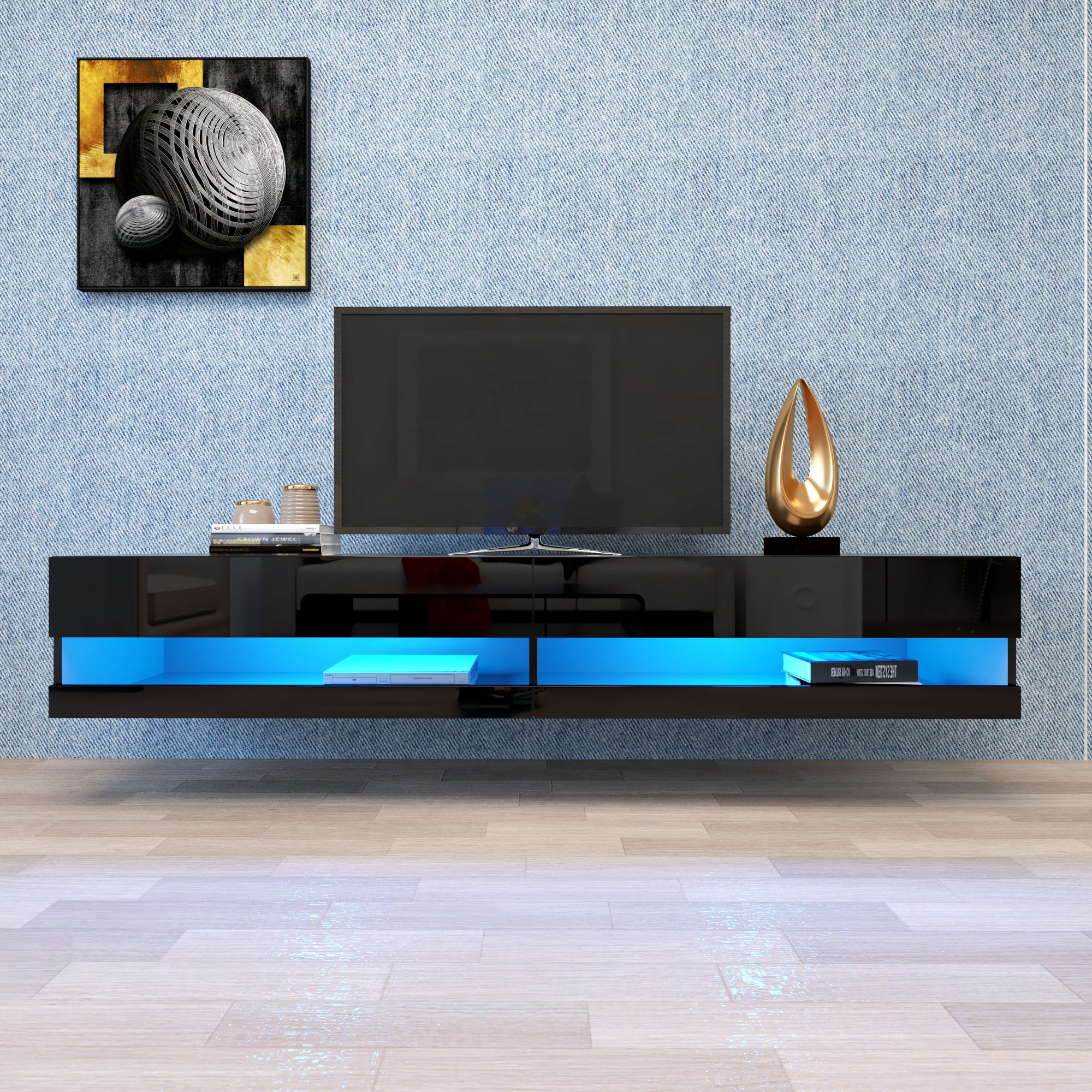 180 Wall Mount Floating 80 Inch TV Stand with Color LED (Black)