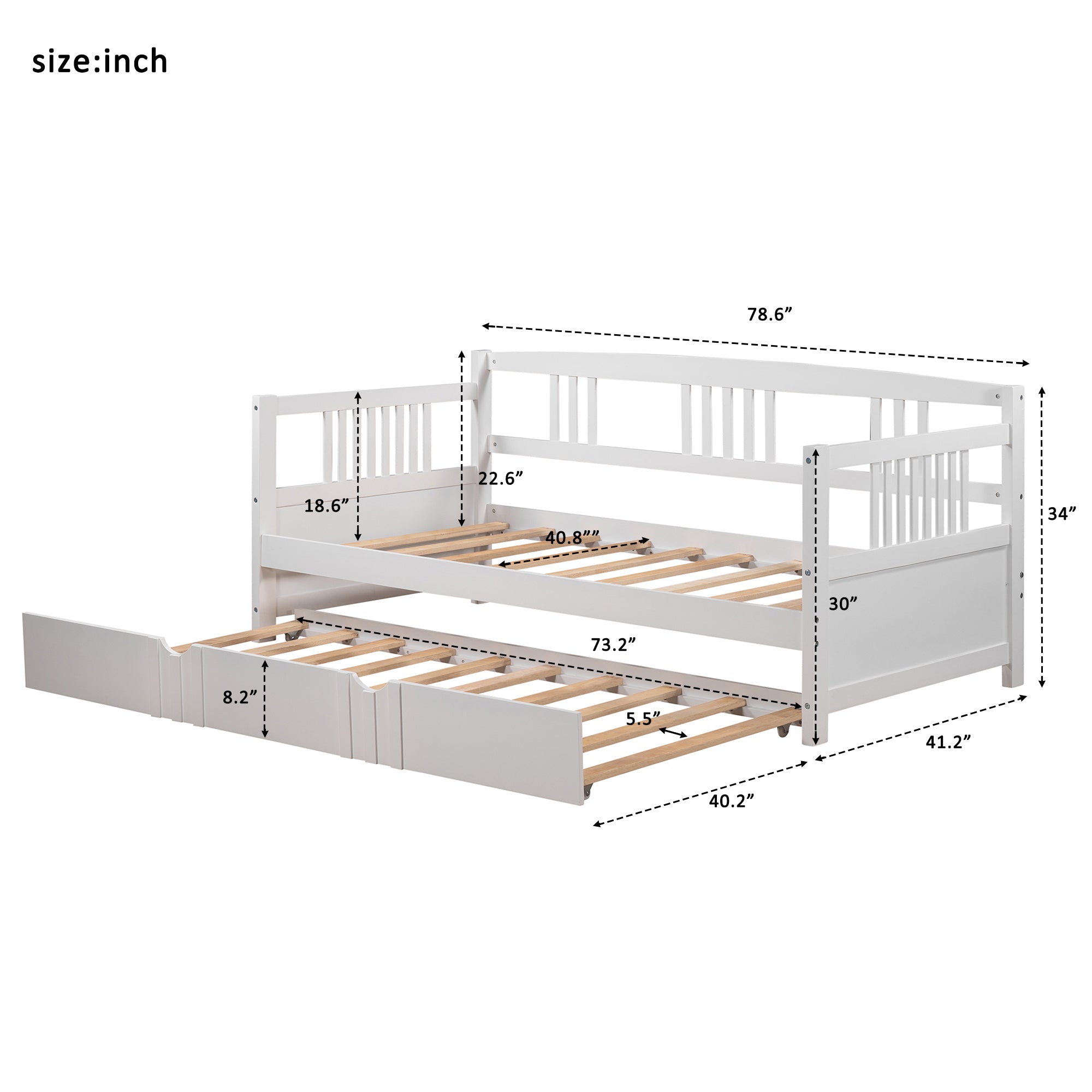 Twin Size Daybed Wood Bed with Twin Size Trundle (White)