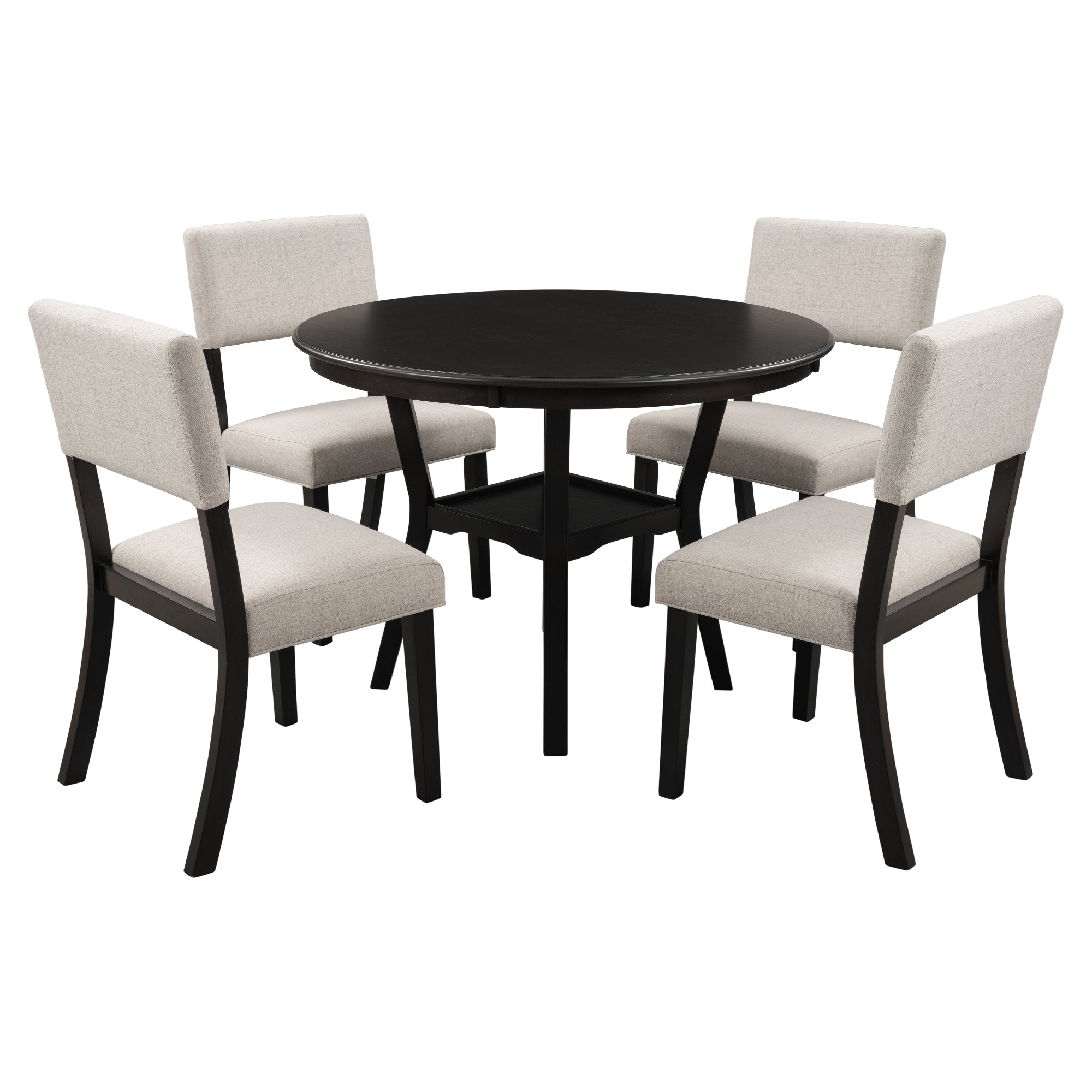 TREXM 5-Piece Kitchen Dining Table Set Round Table with Bottom Shelf, 4 Upholstered Chairs for Dining Room（Espresso）