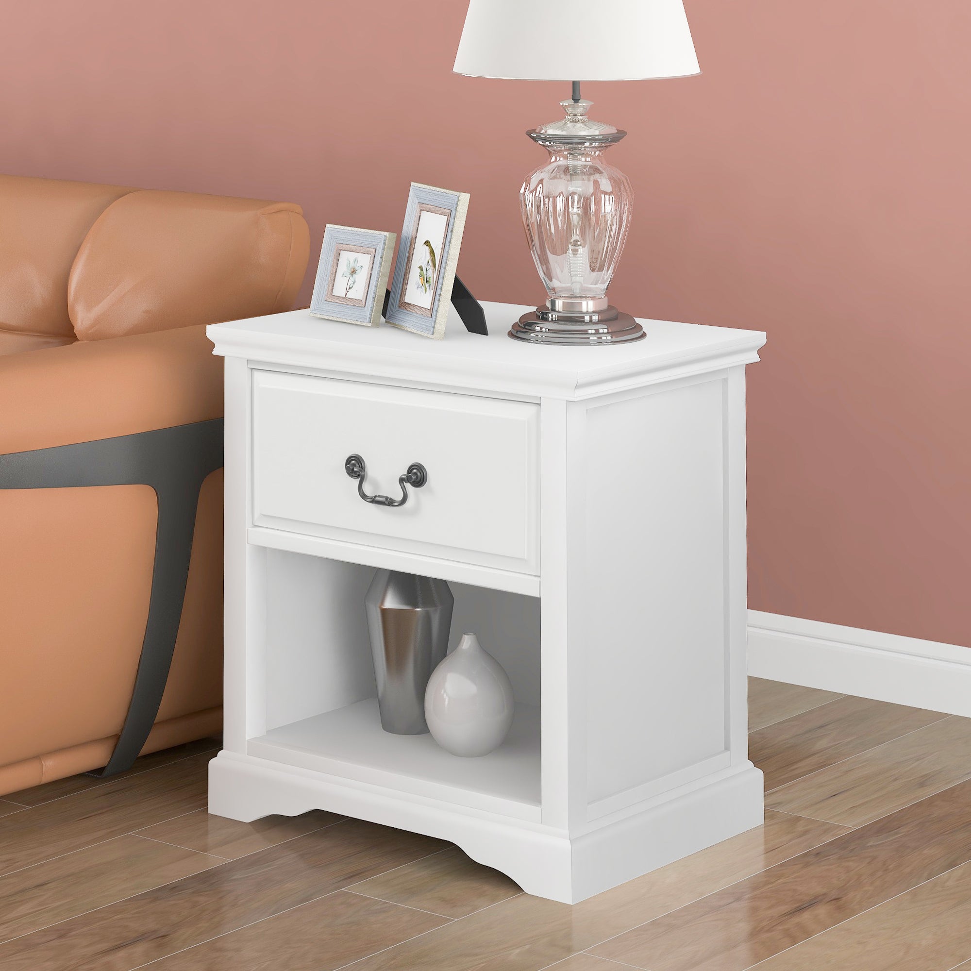 1 Drawer End Table  Solid Wood (White)