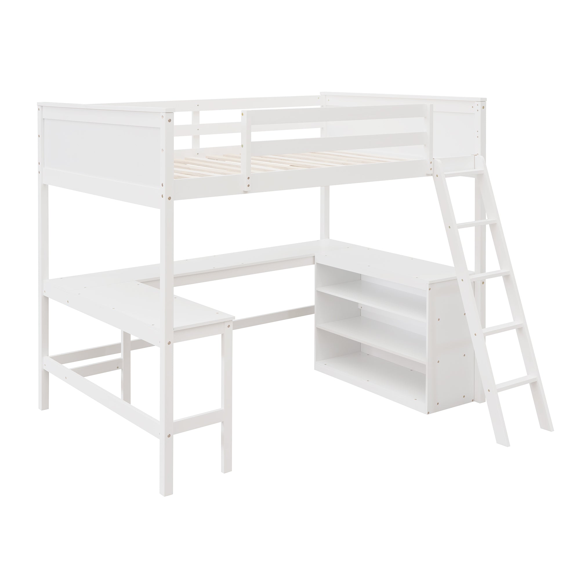 Full size Loft Bed with Shelves and Desk (White)