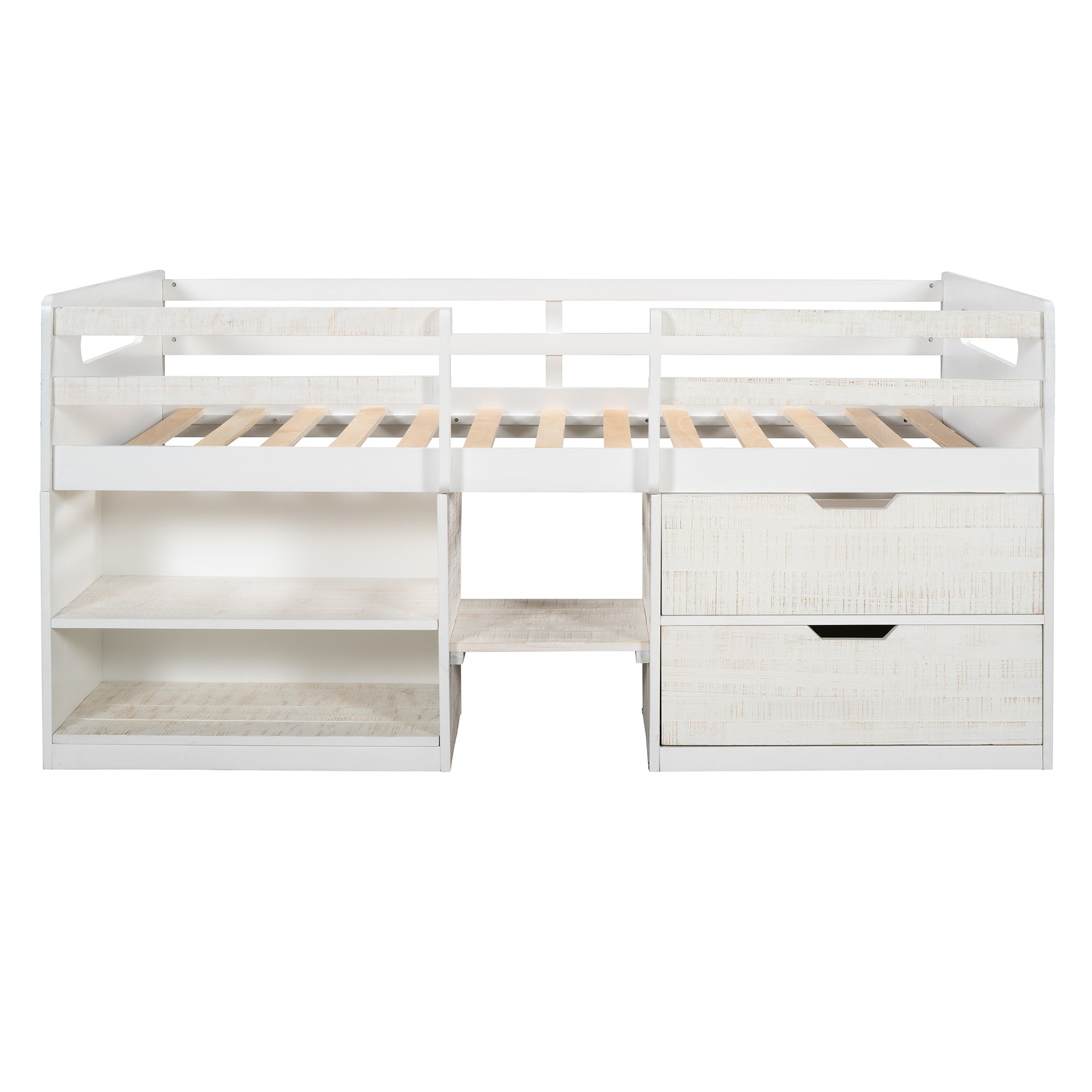 Twin size Loft Bed with Two Shelves and Two drawers (Antique White)