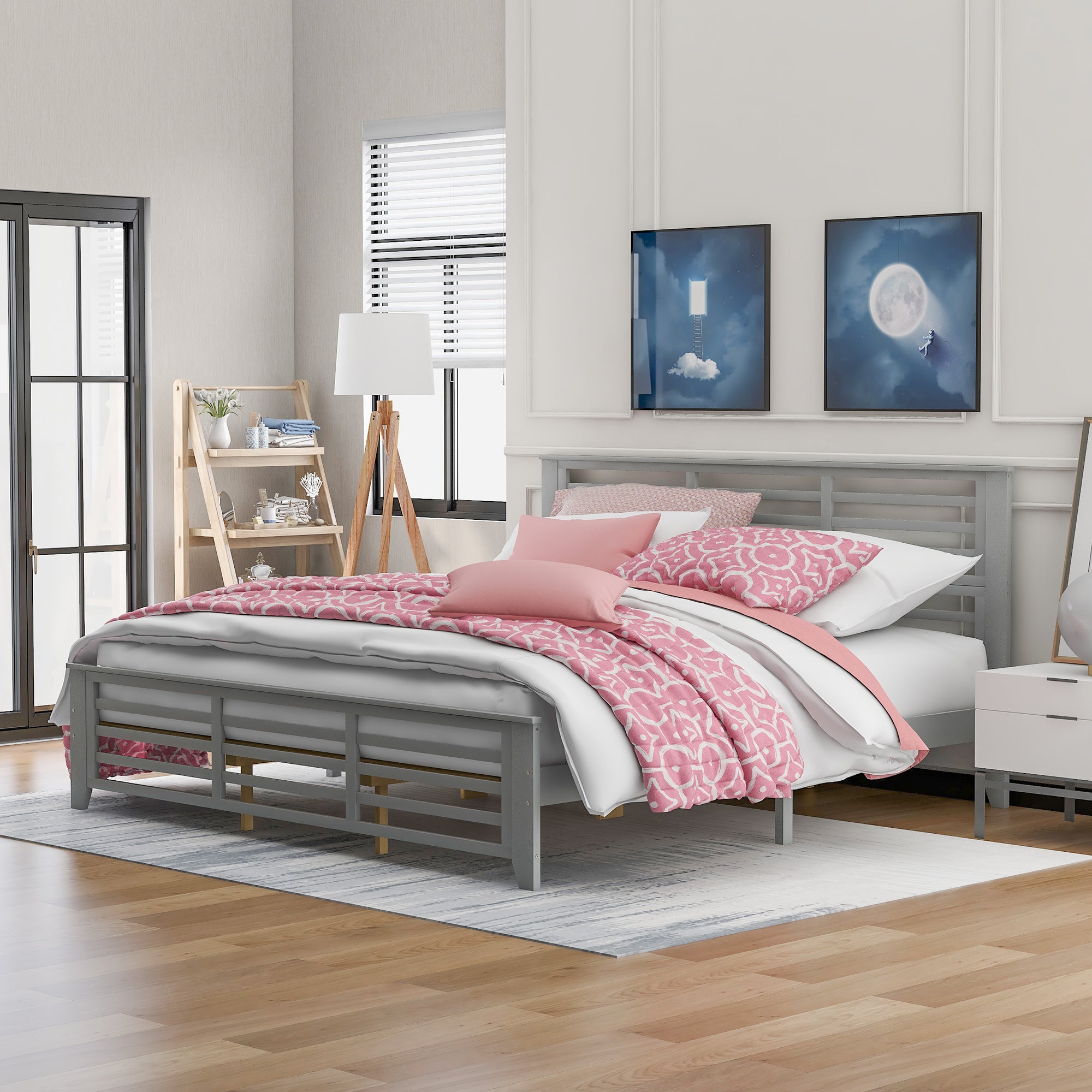 Platform Bed with Horizontal Strip Hollow Shape King size (Gray)