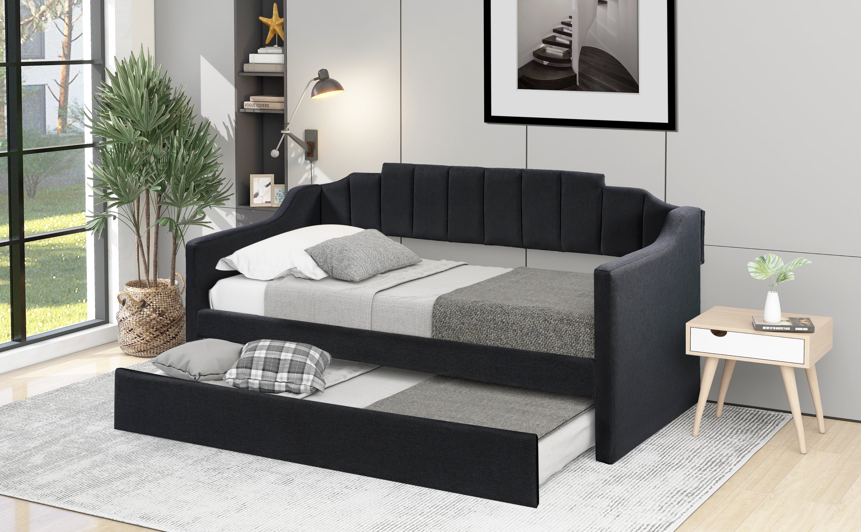 Upholstered Twin Daybed with Trundle (Black)