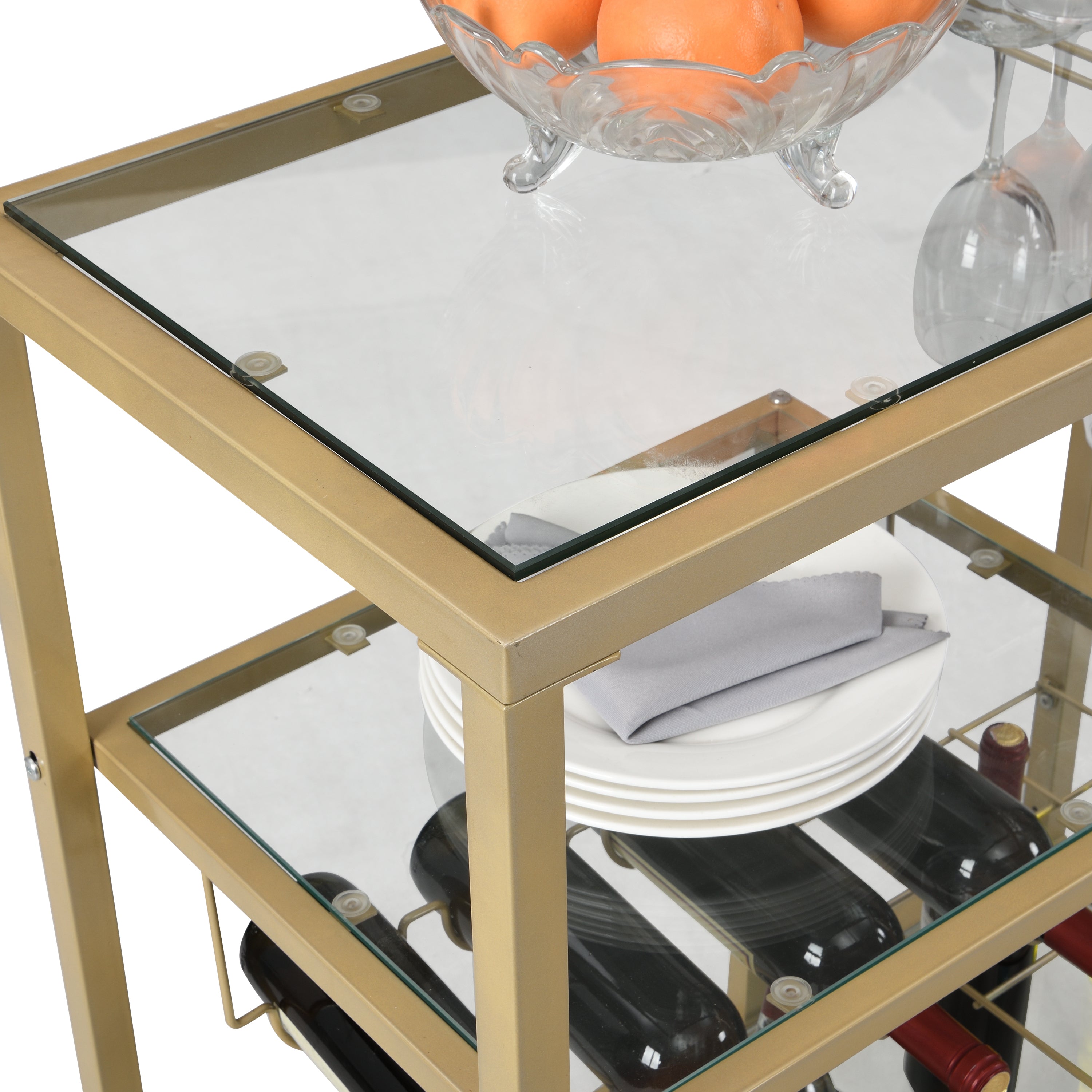 Golden Bar Food Cart with Wine Rack and Glass Rack