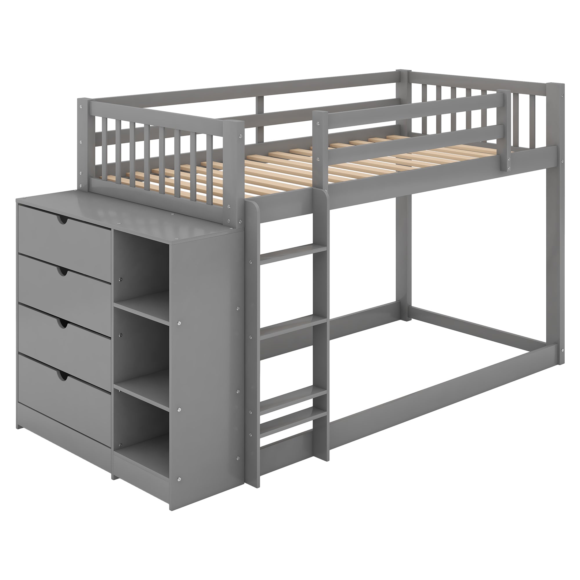 Twin over Twin Bunk Bed with Attached Cabinet and Shelves Storage (Gray)