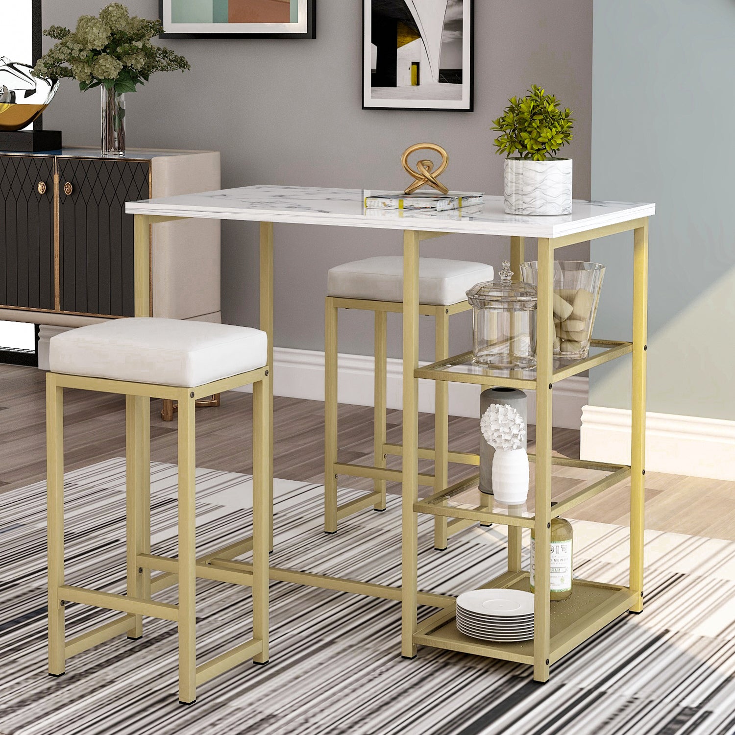 TREXM 3-piece Set with Faux Marble Top and Bar Stools (White/Gold)