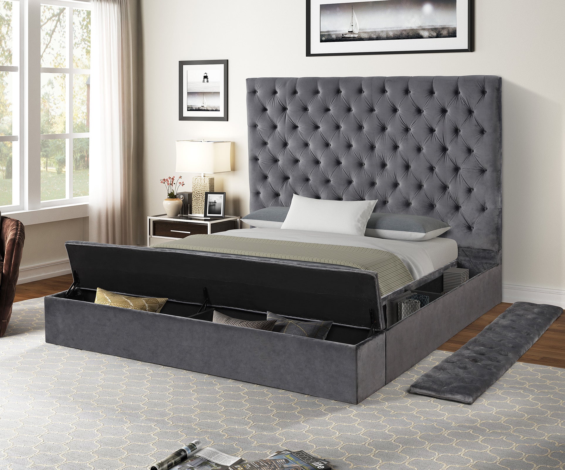 Full Size Tufted Upholstery Storage Bed made with Wood (Gray)