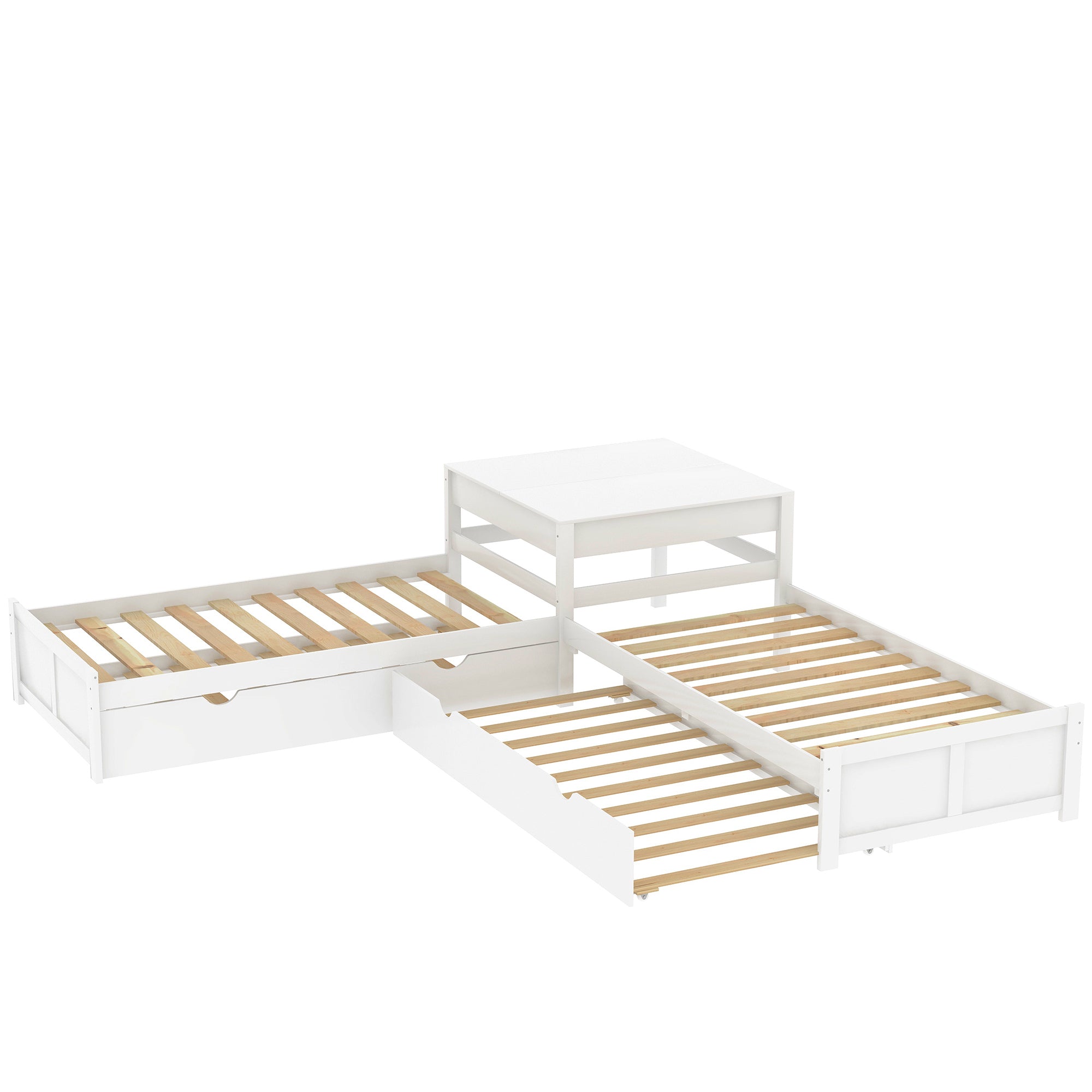 Twin Size L-shaped Platform Bed with Two Trundles and Built-in Square Table (White)