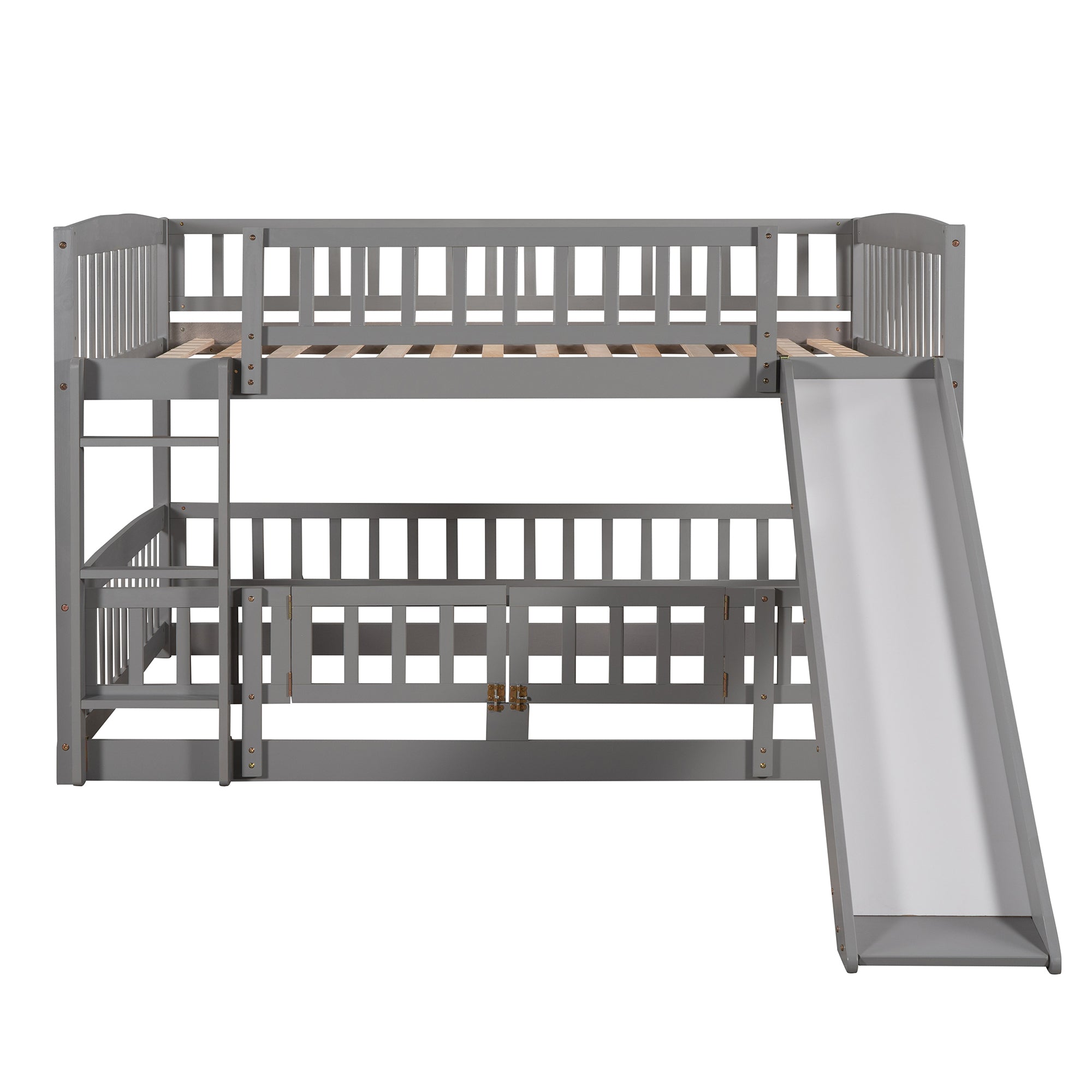 Full Over Full Low Bunk Bed with Fence (Gray)