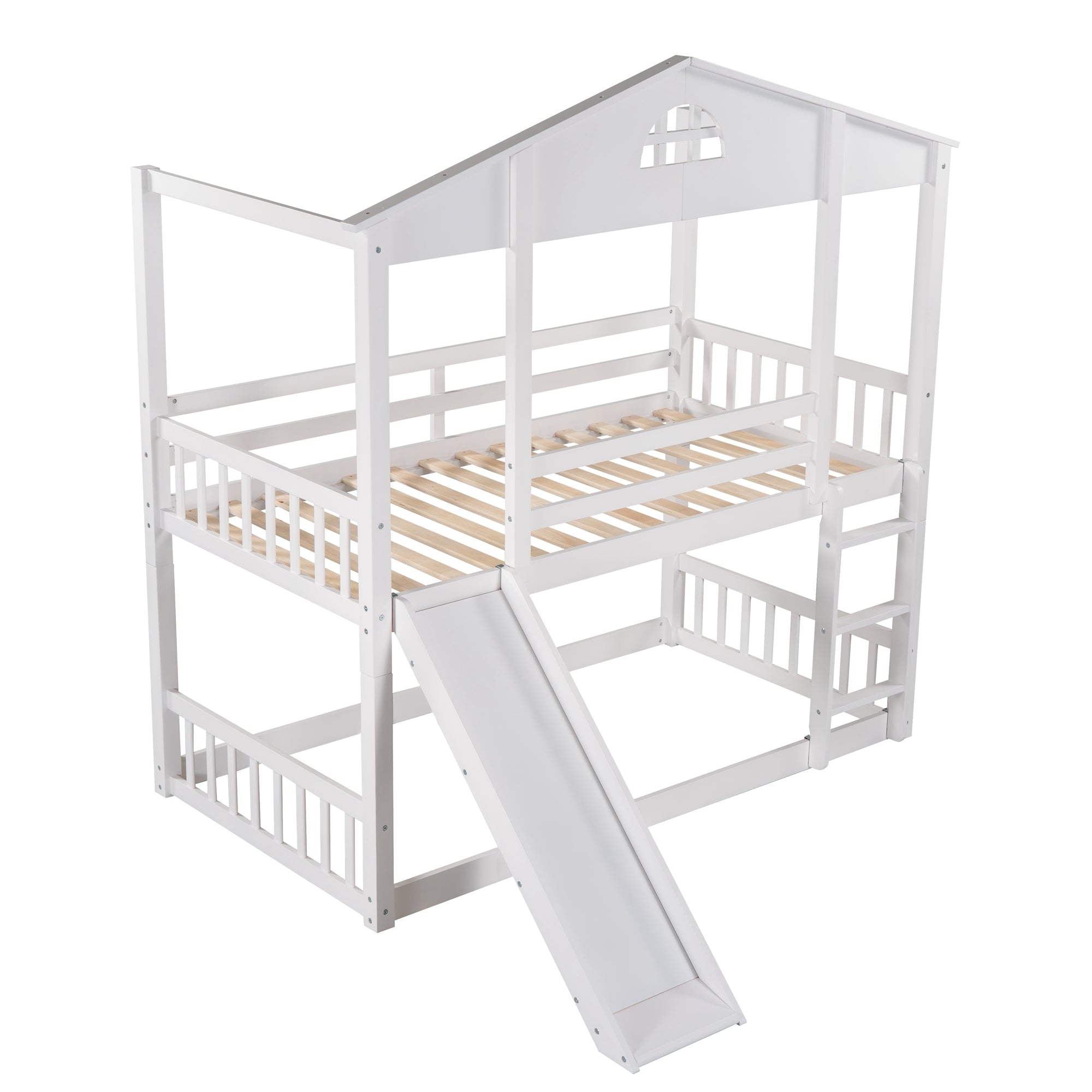 Twin over Twin House Bunk Bed with Convertible Slide and Ladder (White)