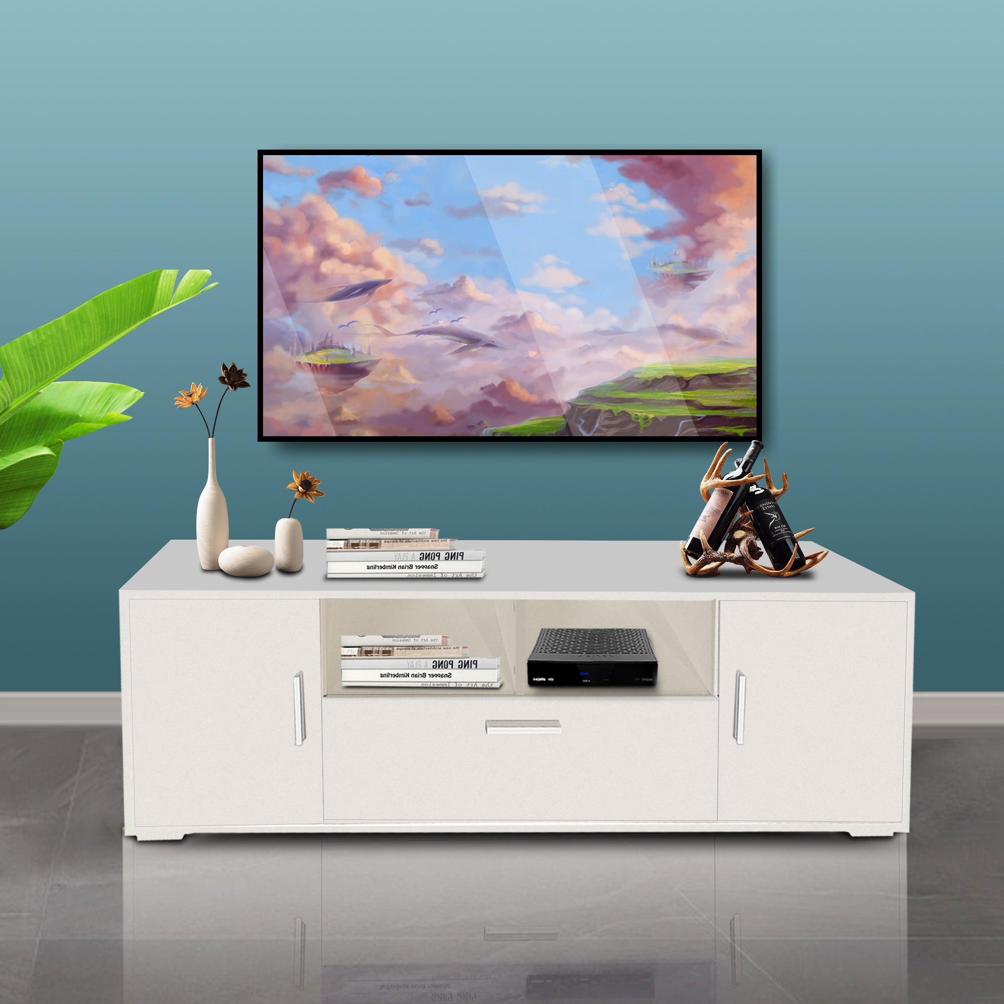 QUICK ASSEMBLE Modern TV Stand with LED Lights (White)