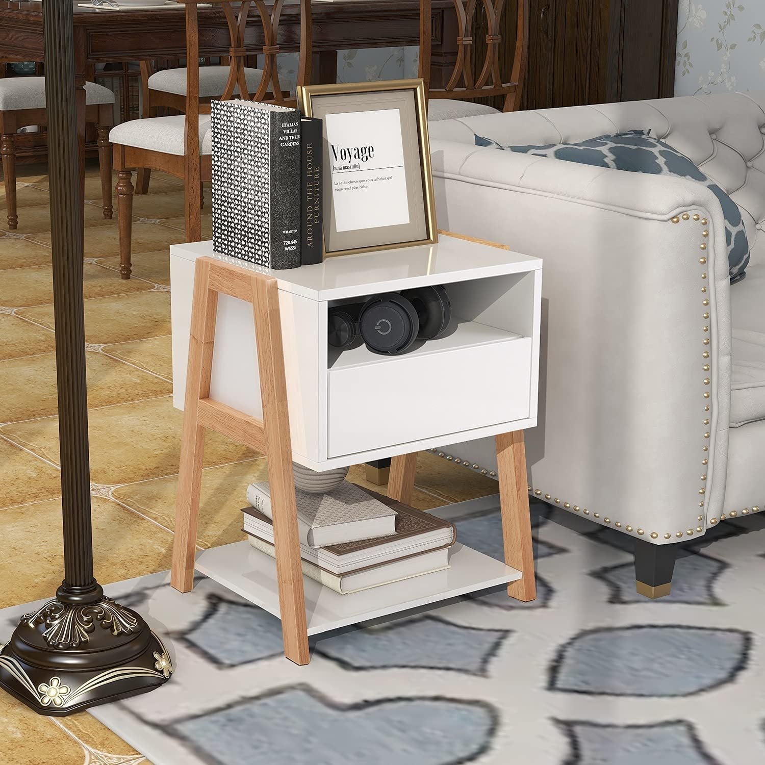 Nightstand Side with Storage Drawers (White)