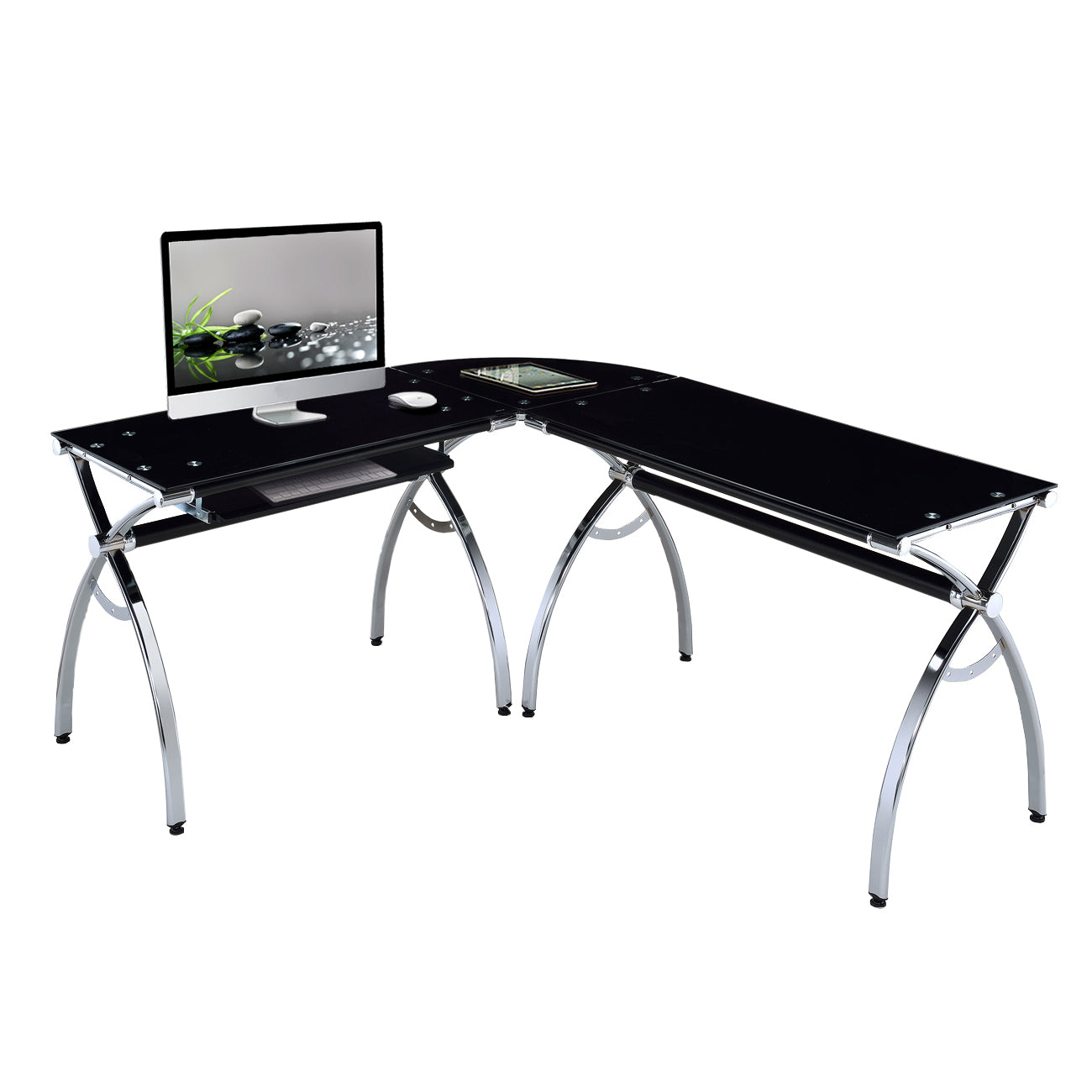 L-Shaped Colored Tempered Glass Top Corner Desk with Pull Out Keyboard Tray (Black)