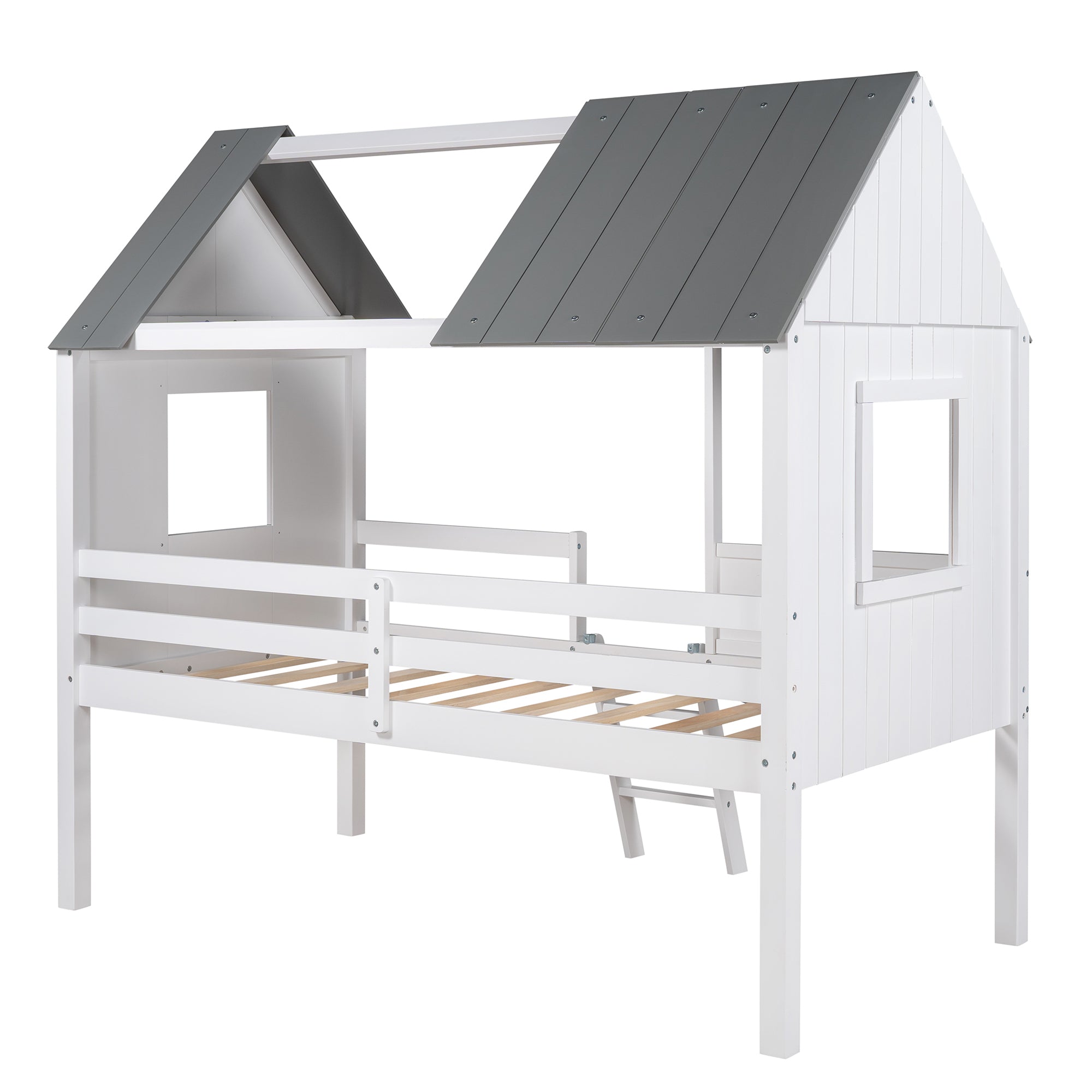 Twin Size Low Loft Wood House Bed with Two Side Windows (Normal Gray+Normal White)
