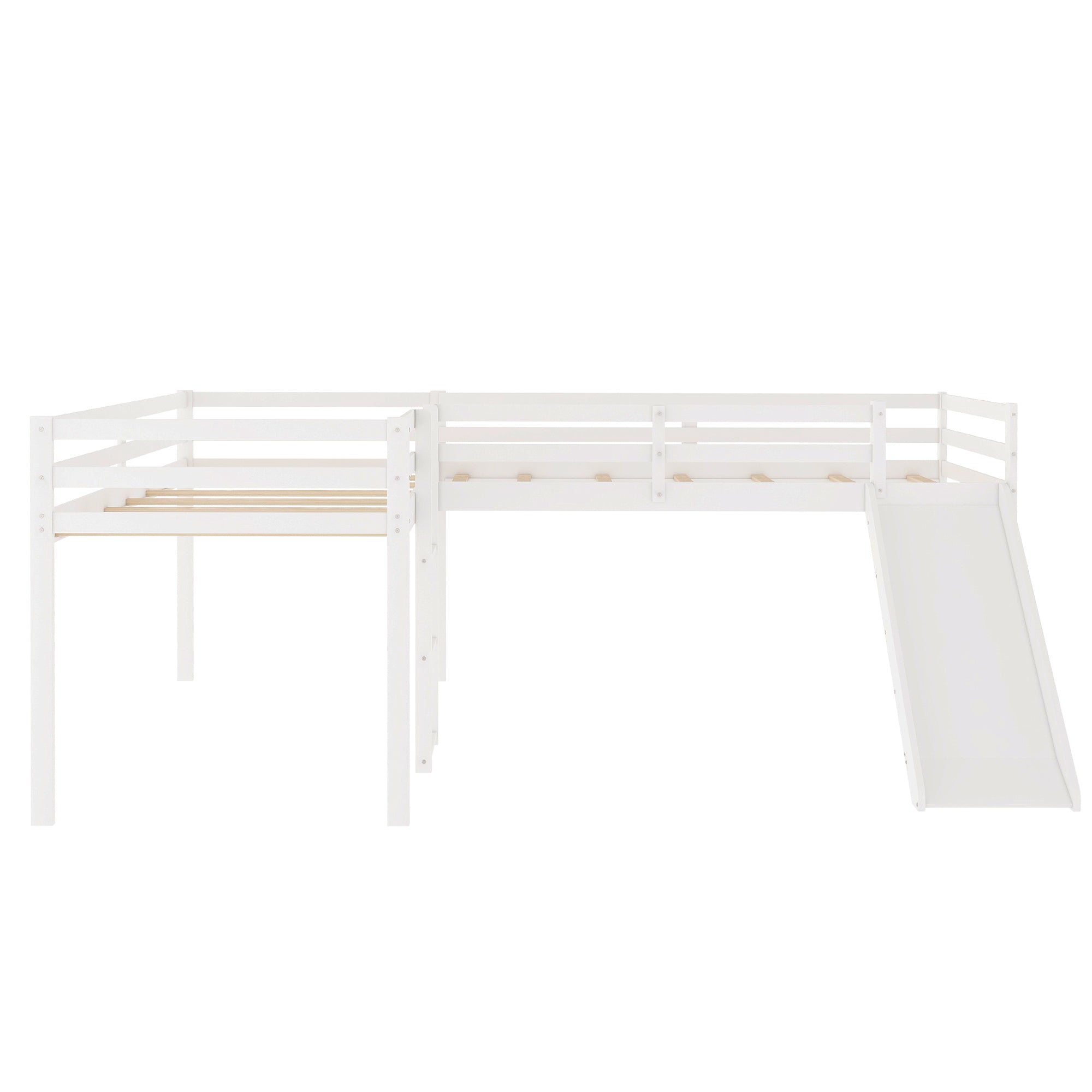L-Shaped Twin Size Loft Bed with Ladder and Slide (White)