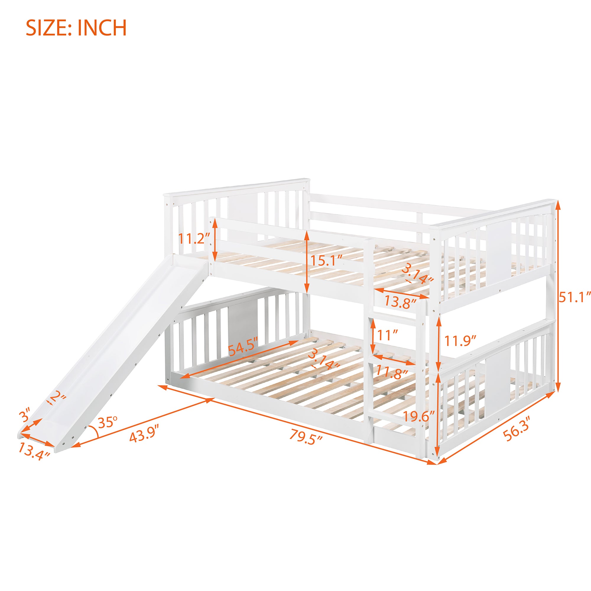 Full Over Full Bunk Bed with Ladder with Slide (White)