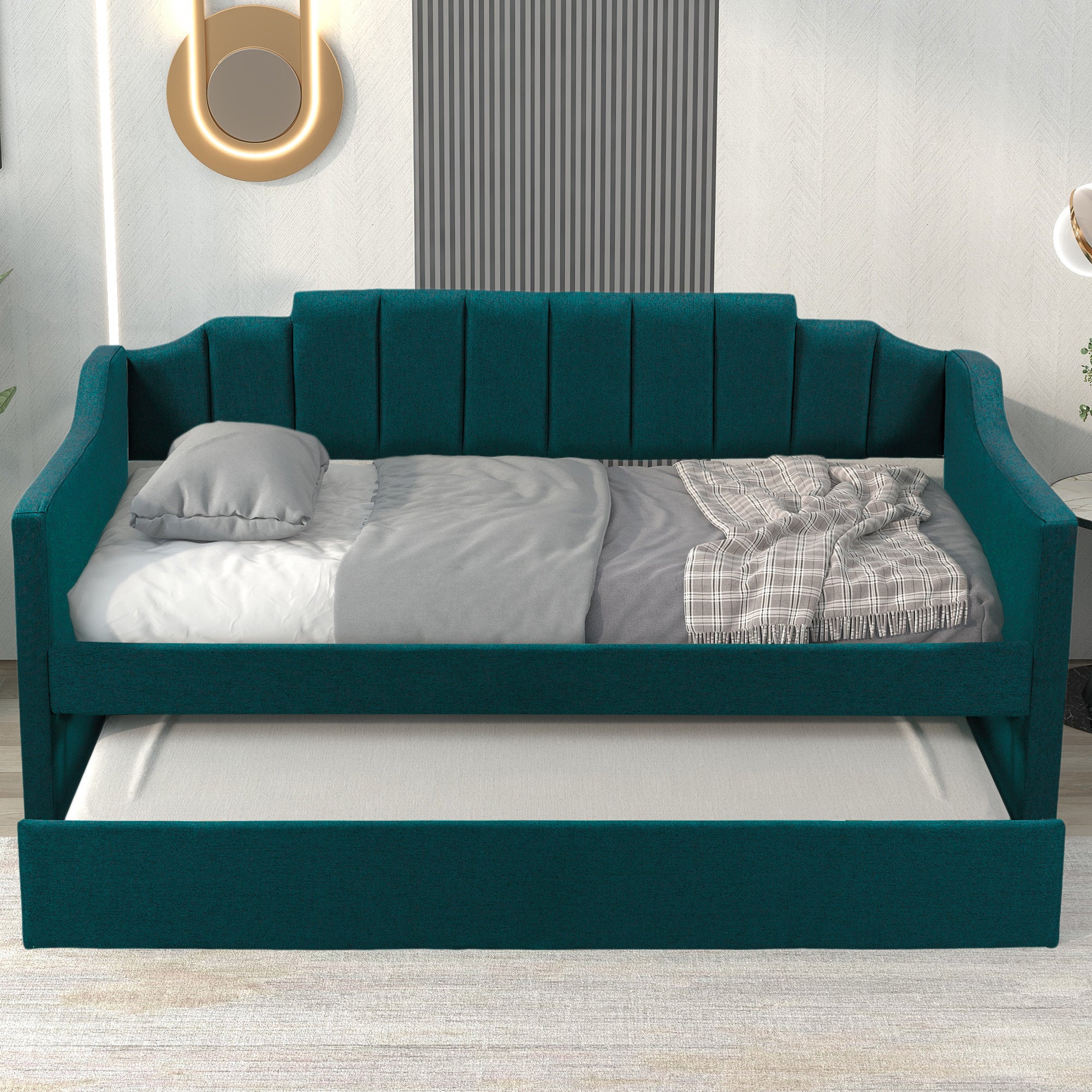 Upholstered Twin Daybed with Trundle (Green)