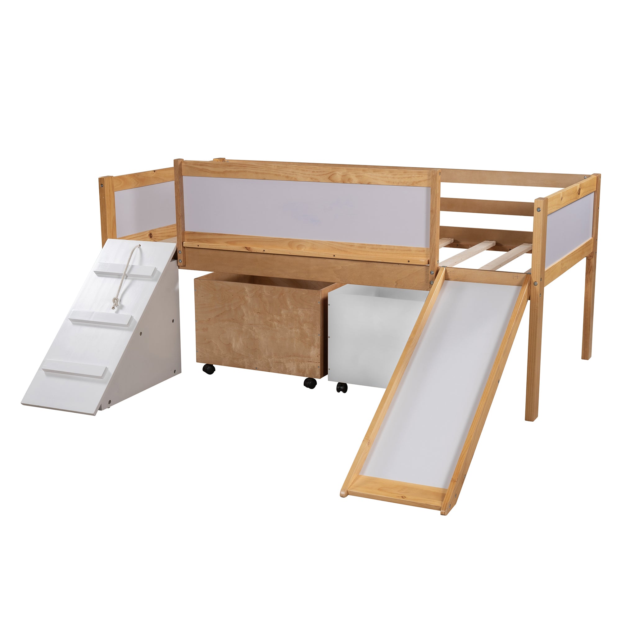 Twin size Low Loft Bed Wooden Bed with Two Storage Boxes (Natural)