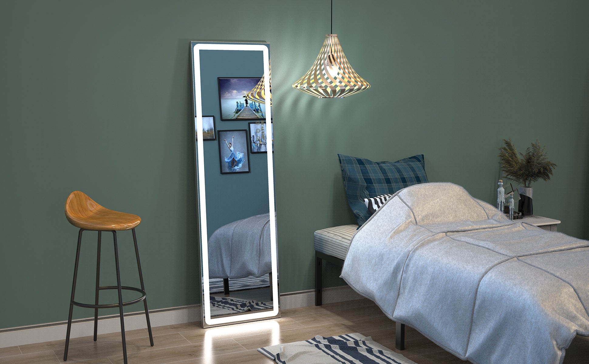 Full-Length Mirror with LED Lights Free Standing Floor Mirror (Silver)
