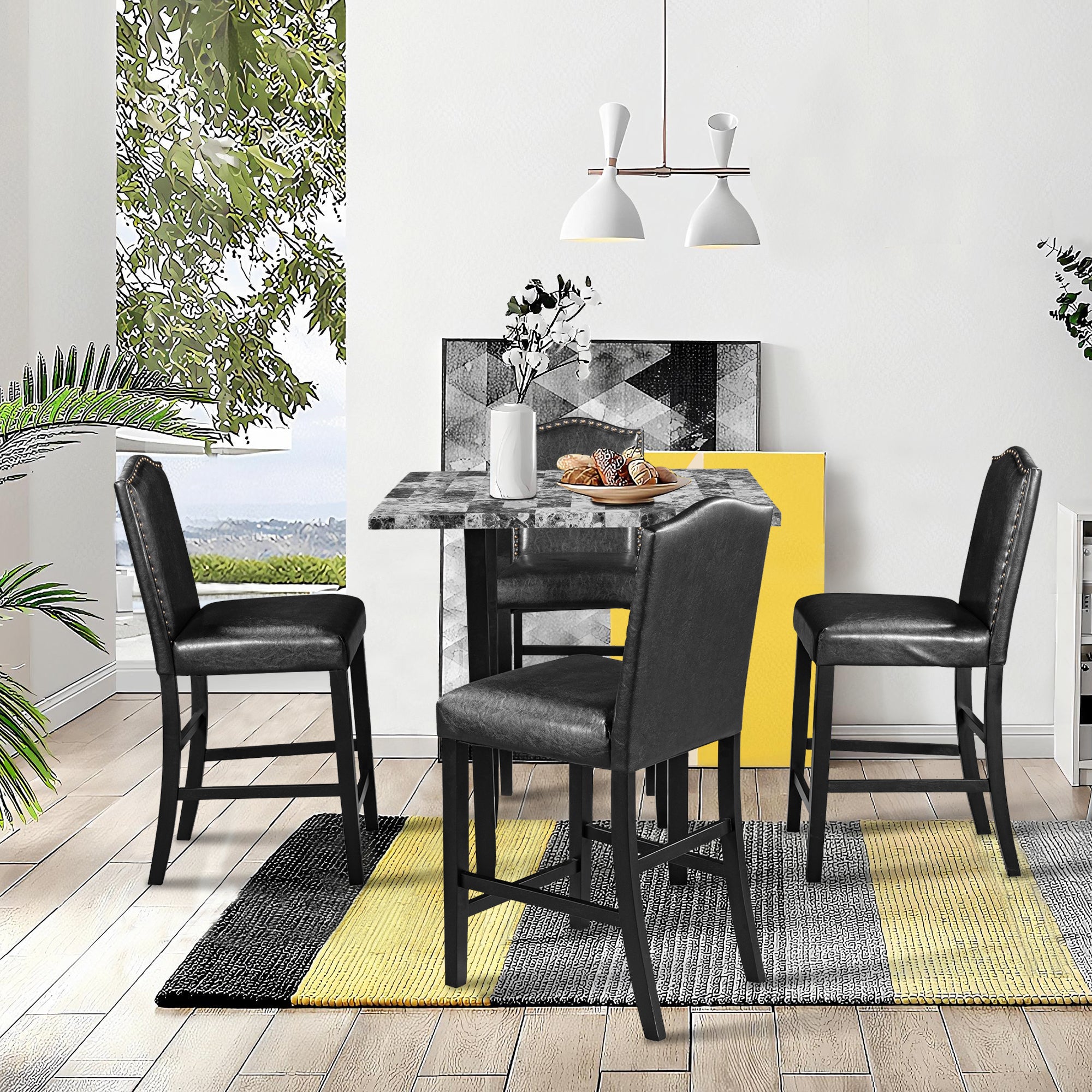 TOPMAX 5 Piece Dining Set with Matching Chairs and Bottom Shelf for Dining Room Chair (Black) ,Table (Gray)
