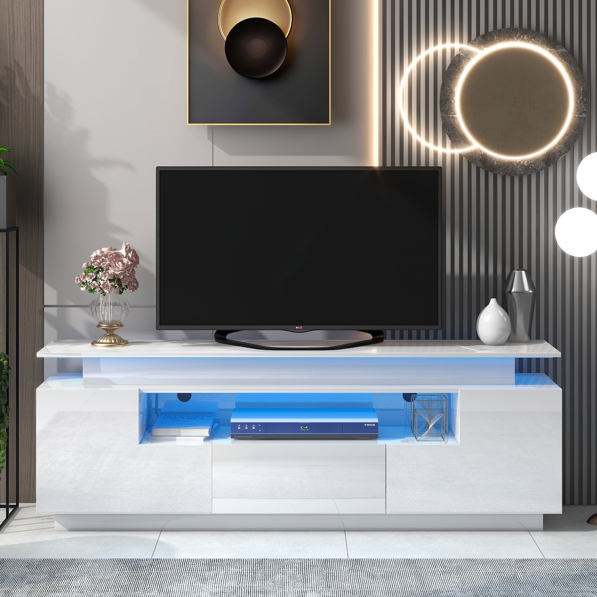 ON-TREND Modern Stylish Practical TV Cabinet with Color Changing LED Lights for TVs Above 75"(White)