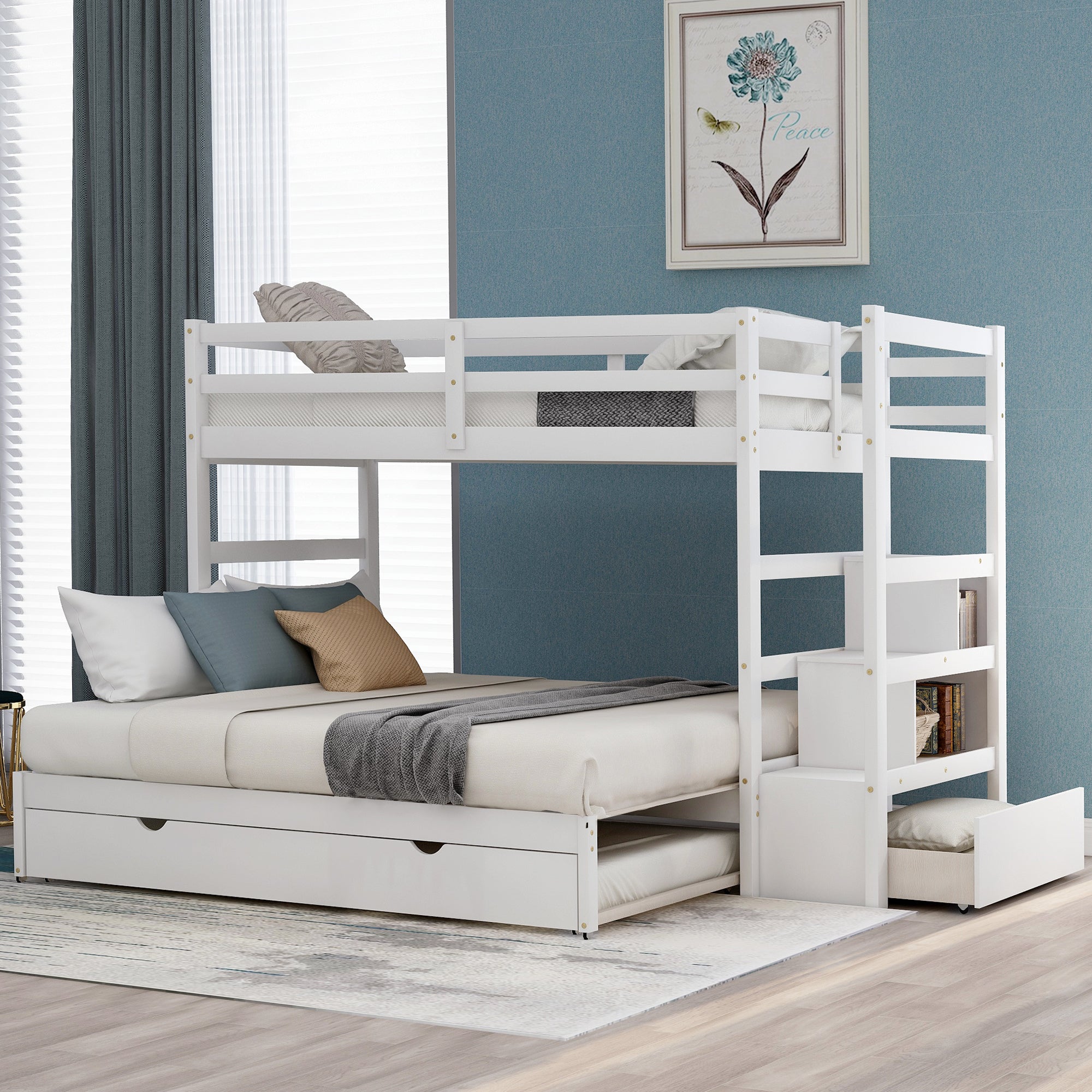 Twin over Twin/King (Irregular King Size) Bunk Bed with Twin Size Trundle (White)