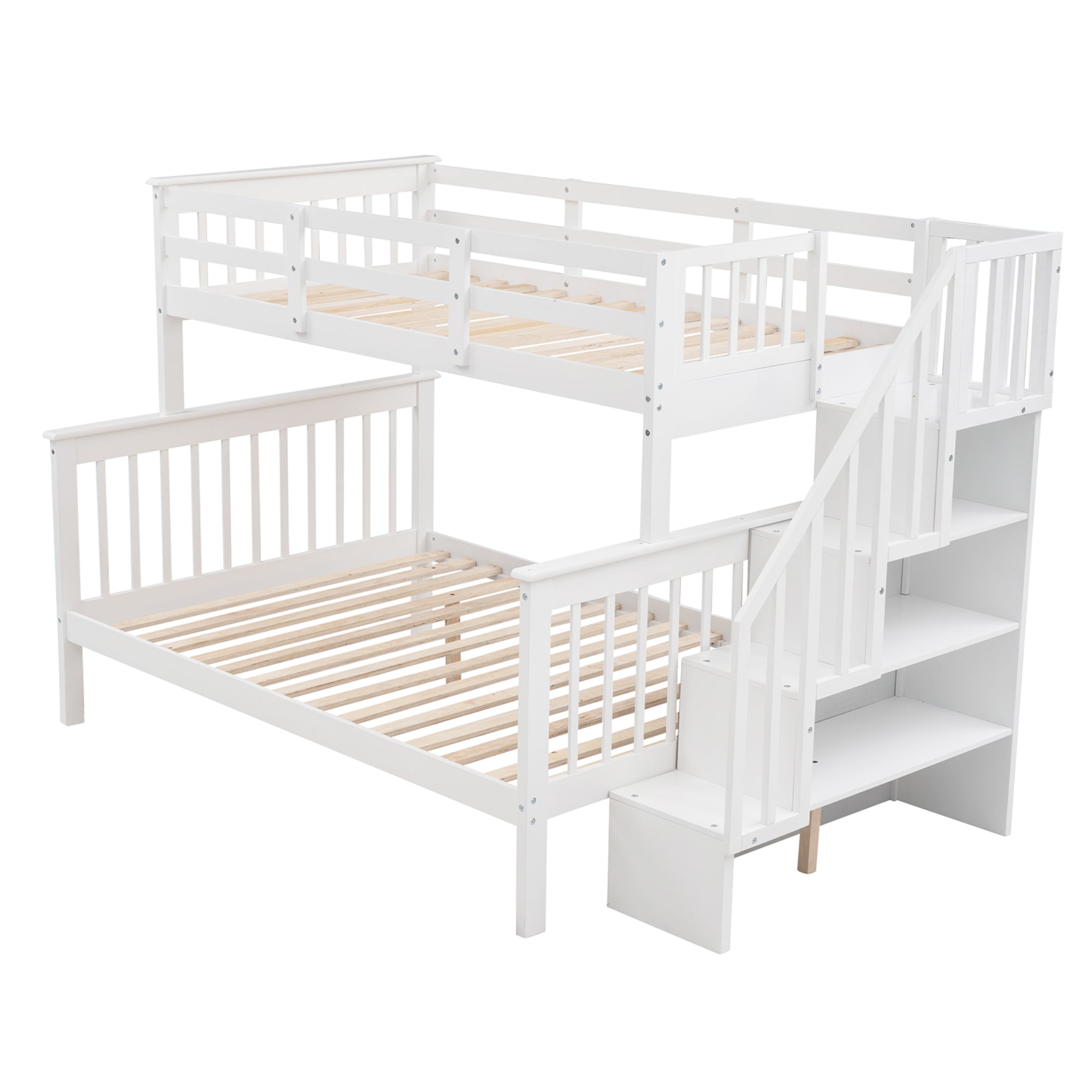 Stairway Twin-Over-Full Bunk Bed with Storage and Guard Rail for Bedroom (White)