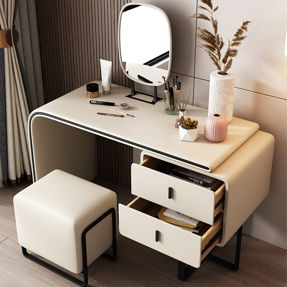 PU Leather, 2 Solid Wood Drawers, Side Cabinet, HD Mirror & Upholstered Stool Included