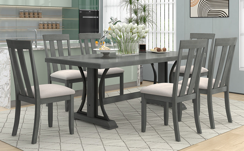 TREXM 7-Piece Retro Style Dining Table Set 78" Wood Rectangular Table and 6 Dining Chairs for Dining Room (Gray)