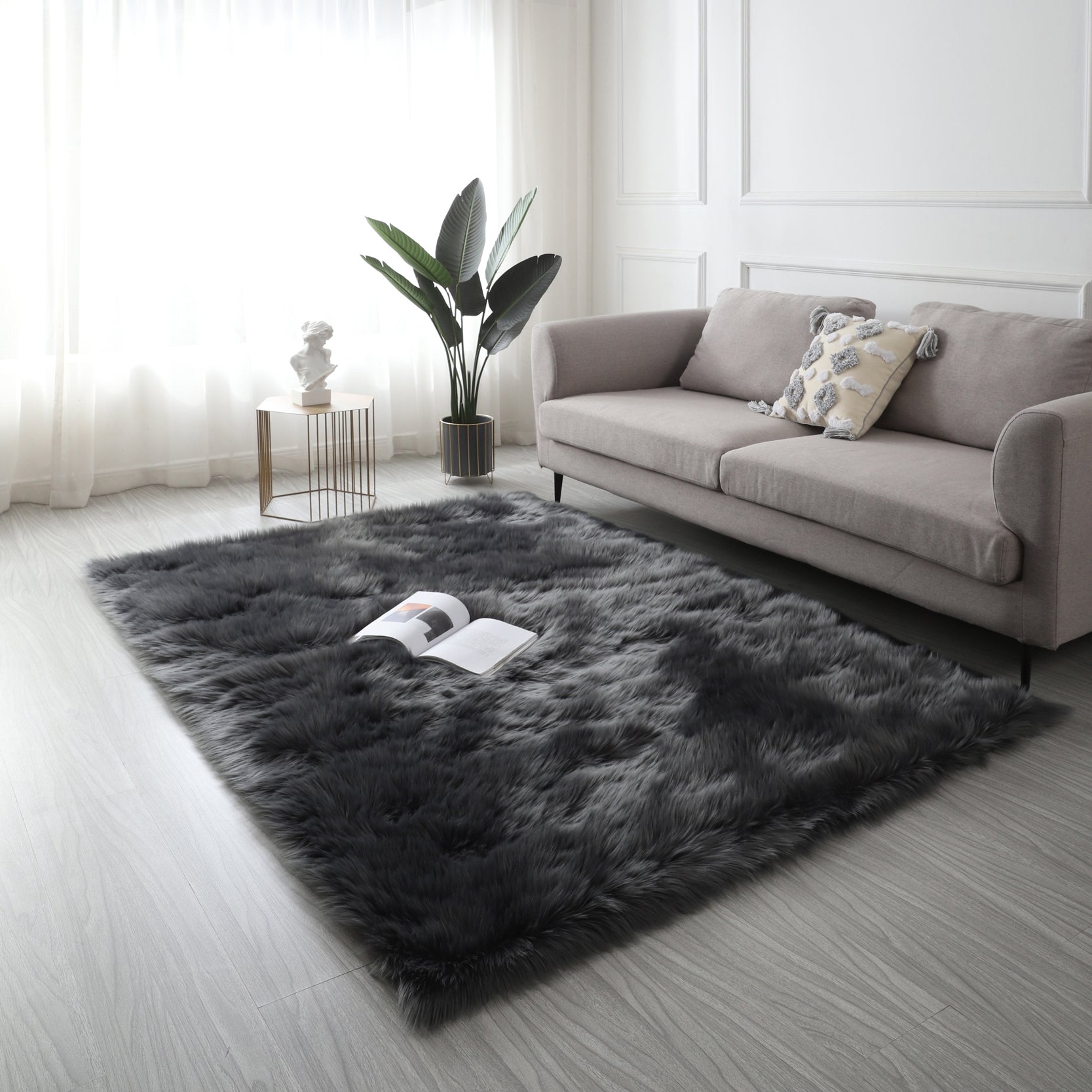 6' x 4' Cozy Collection Ultra Soft Fluffy Faux Fur Sheepskin Area Rug (Gray)