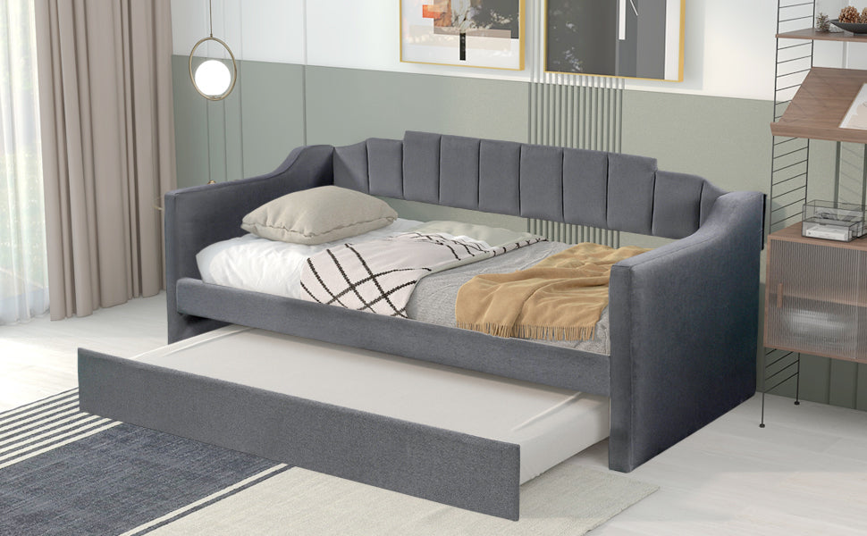 Upholstered Twin Daybed with Trundle (Gray)
