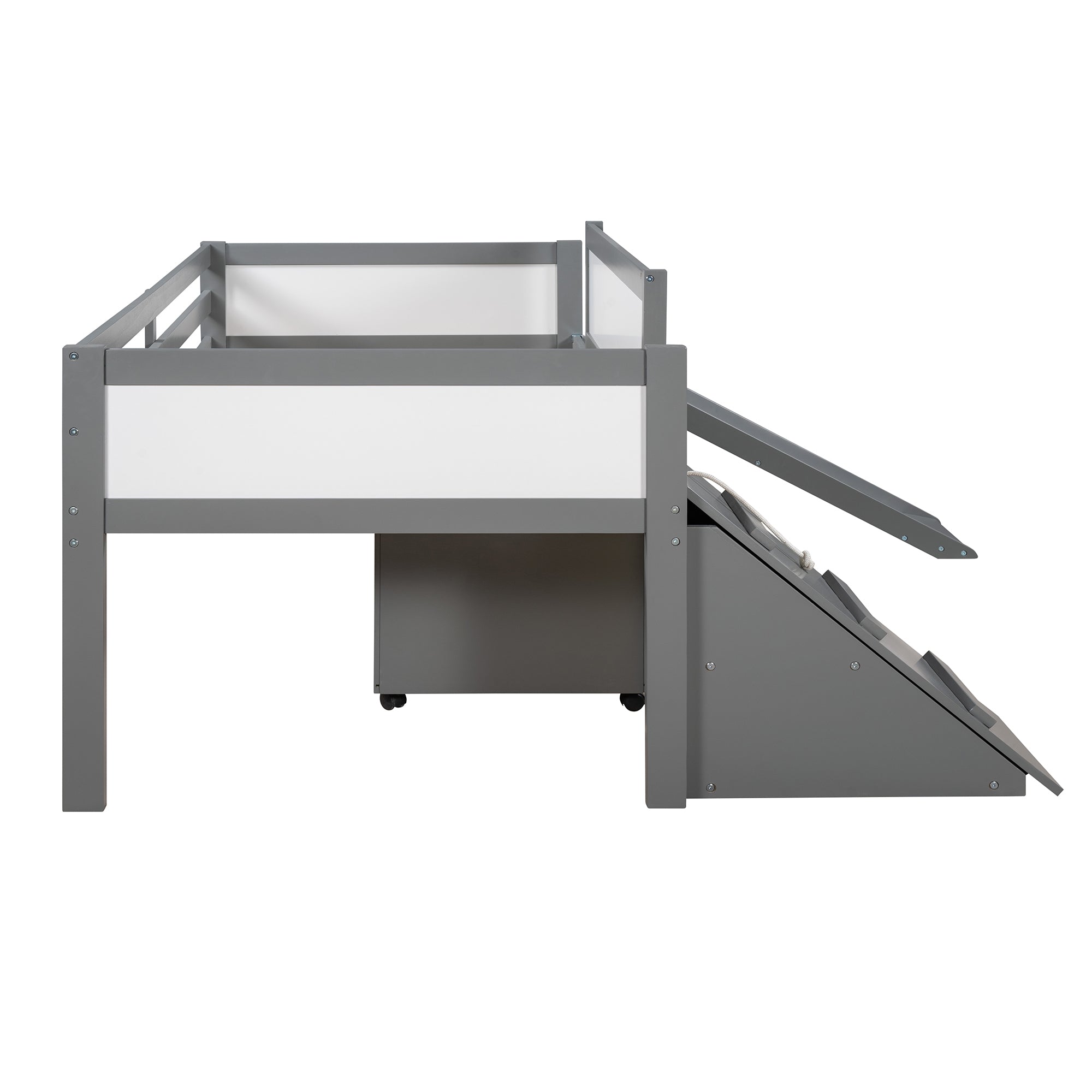 Twin size Low Loft Bed Wooden Bed with Two Storage Boxes (Gray)