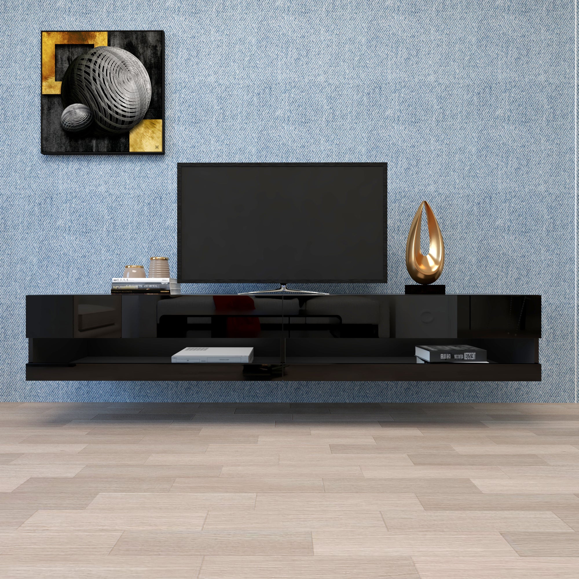180 Wall Mount Floating 80 Inch TV Stand with Color LED (Black)