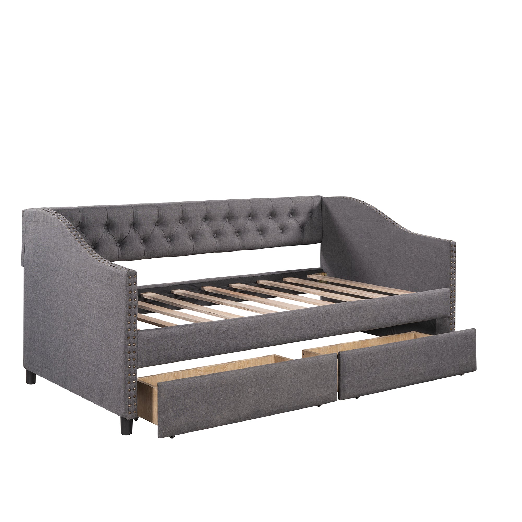 Upholstered daybed with Two Drawers Wood Slat Support Twin Size (Gray)