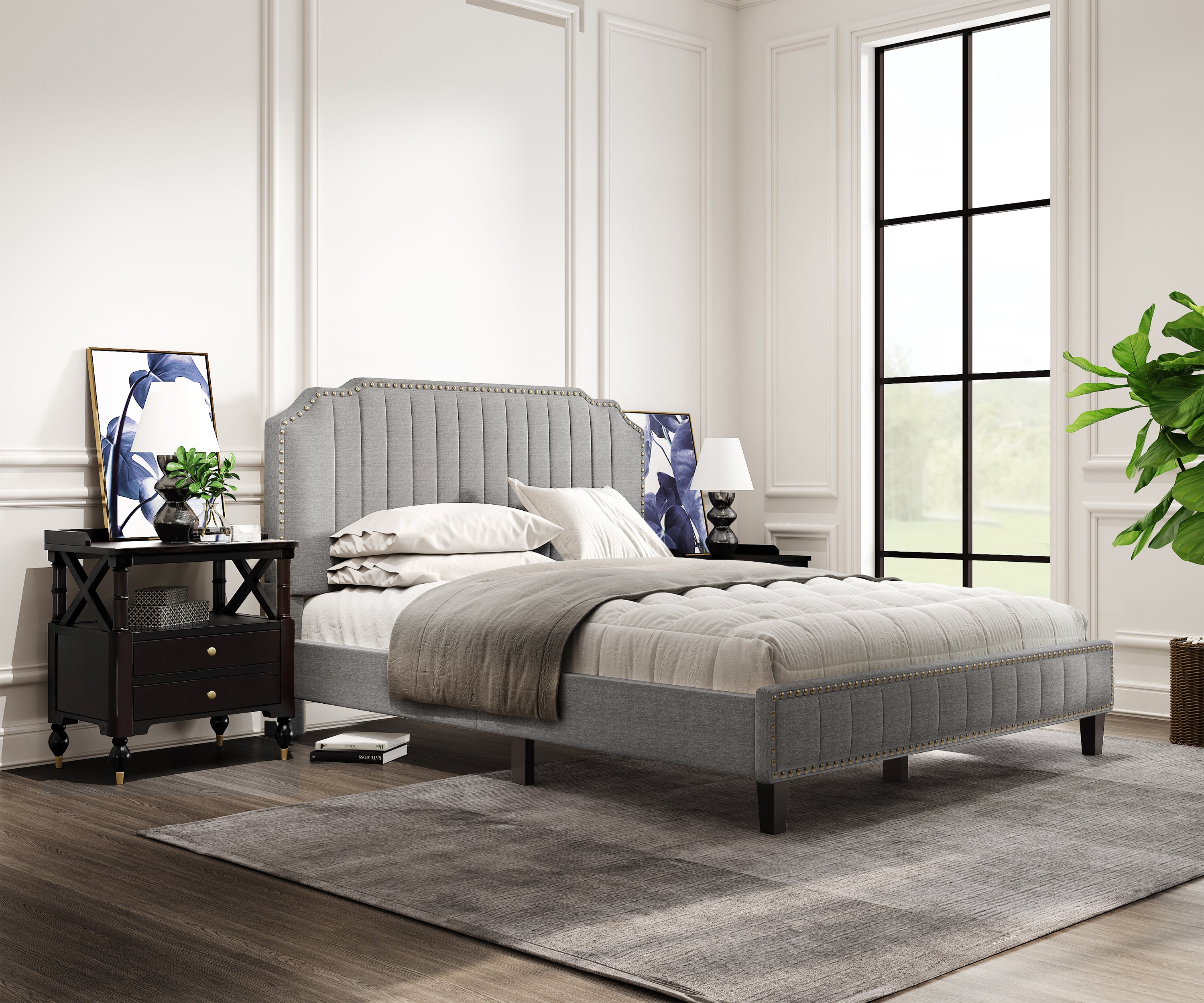 Modern Linen Curved Upholstered Platform King Bed (Gray)