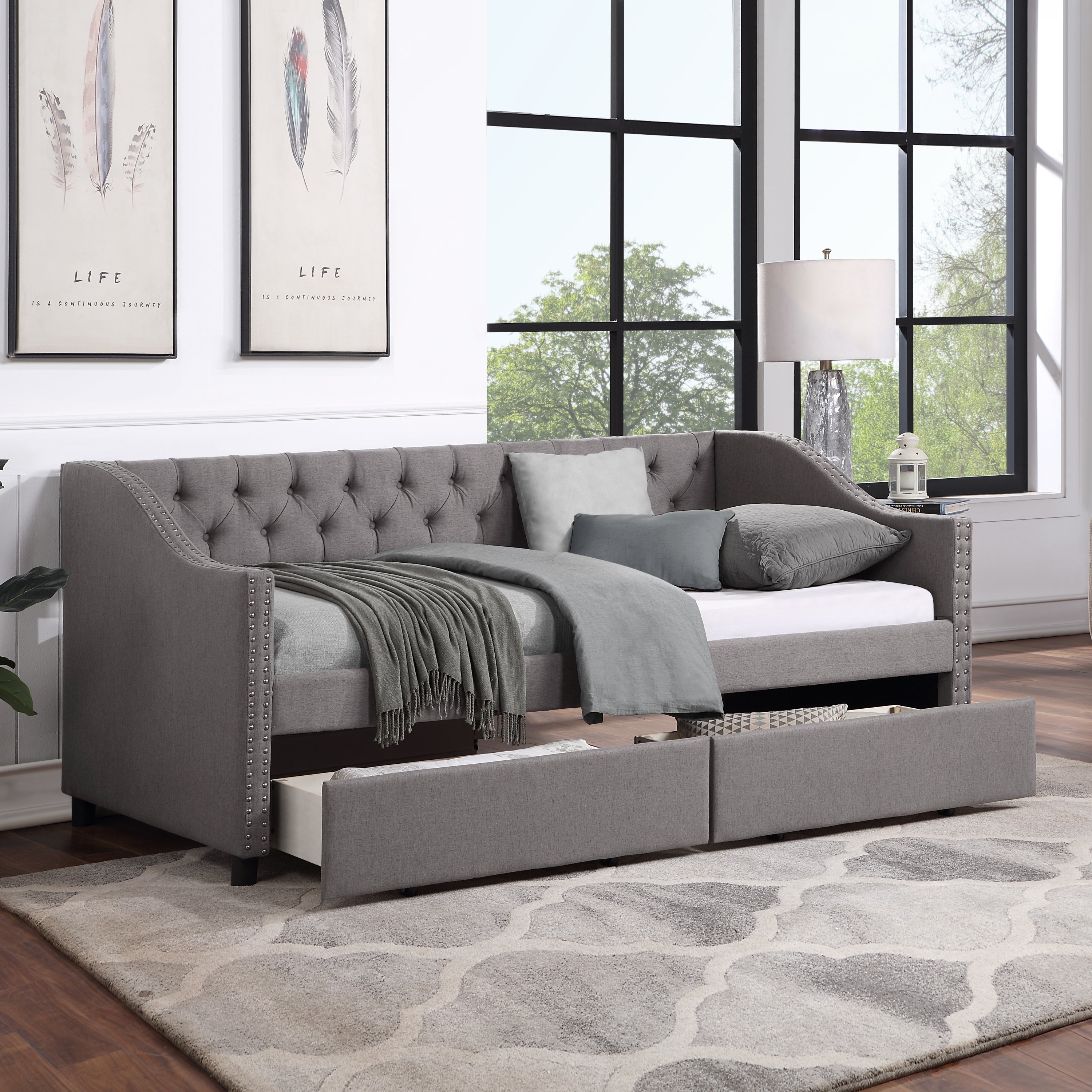 Upholstered Twin Size Daybed with Two Drawers (Gray)