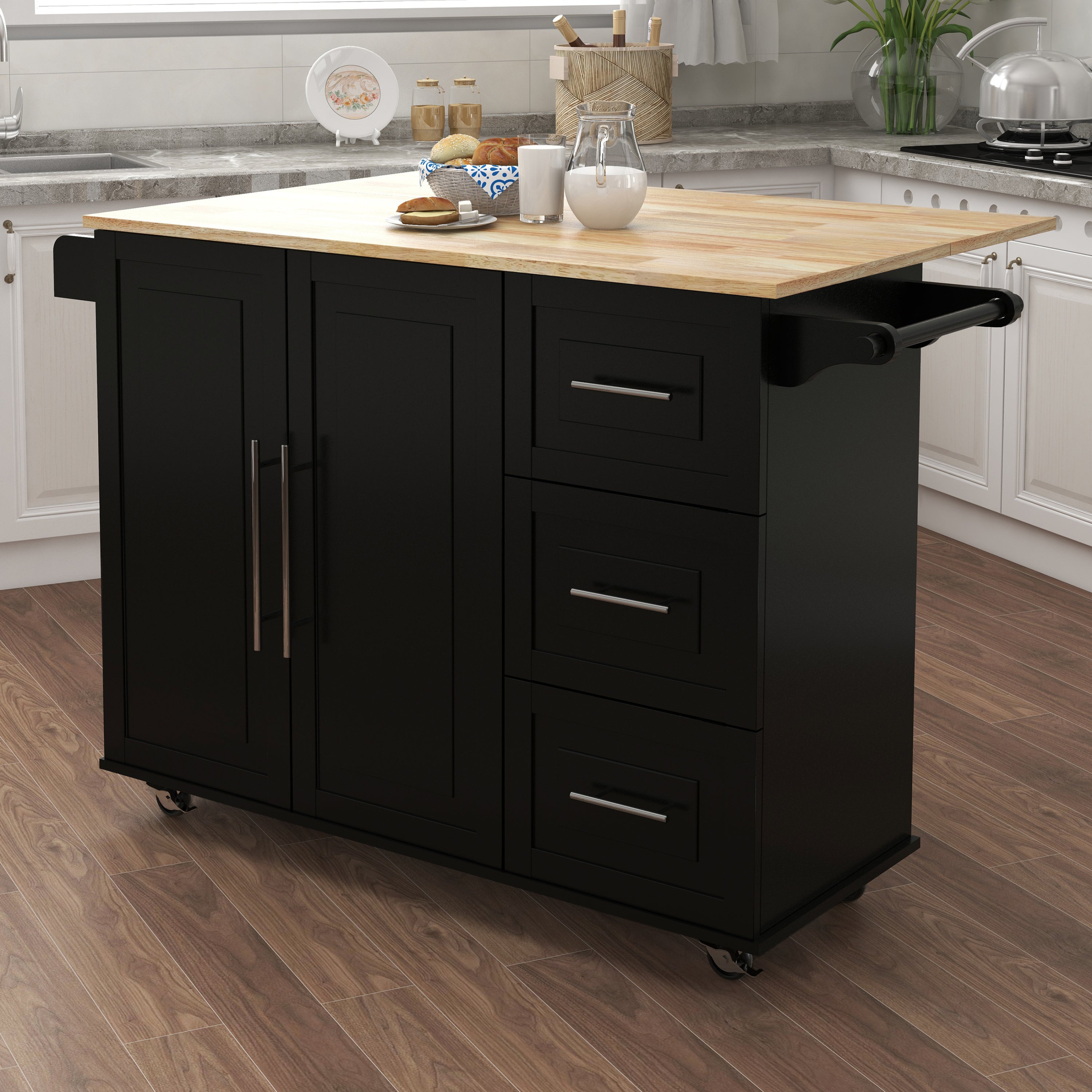 Kitchen Island with Spice Rack, Towel Rack and Extensible Solid Wood Table Top-Black
