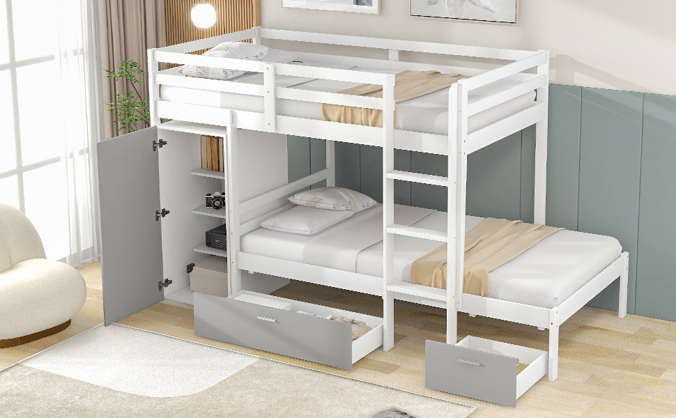 Twin over Twin Bunk Bed with Built-in Storage Wardrobe and Two Drawers (White)