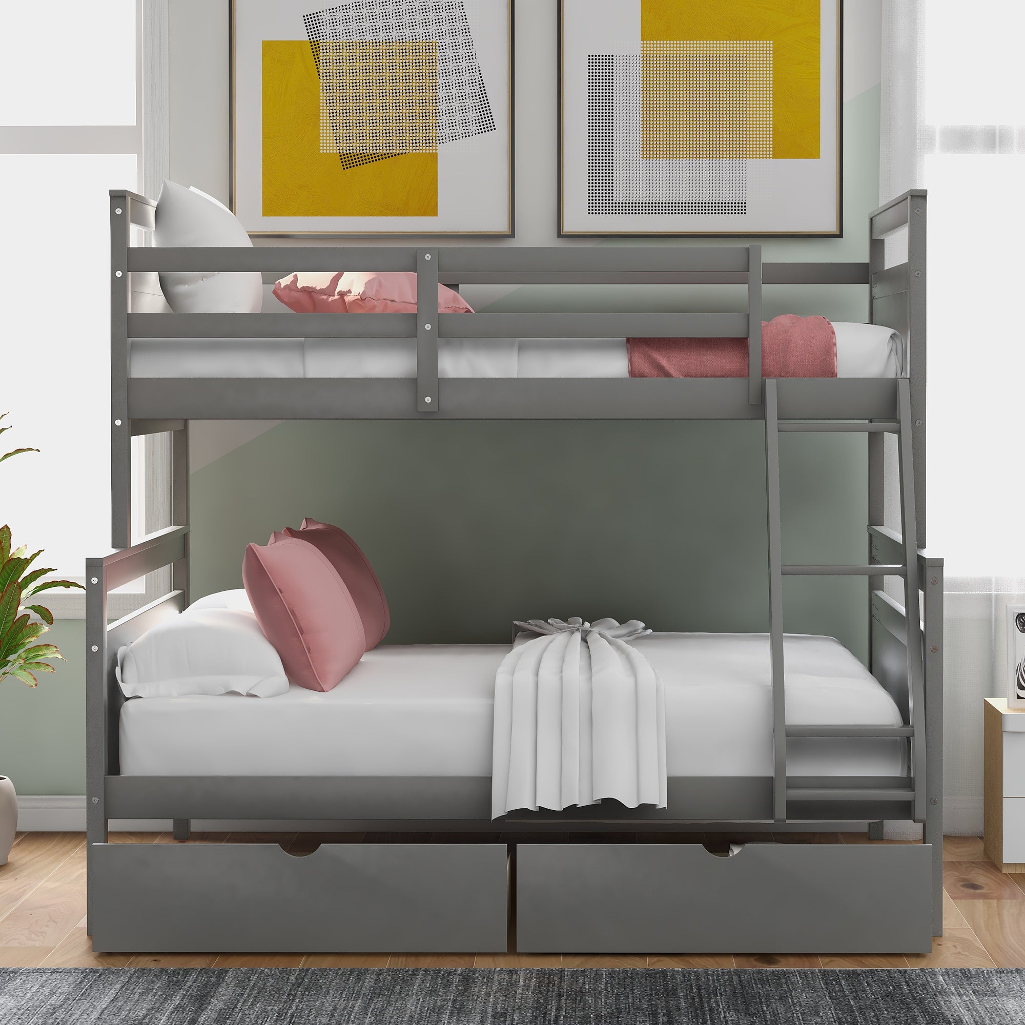 Twin over Full Bunk Bed with Ladder (Gray)