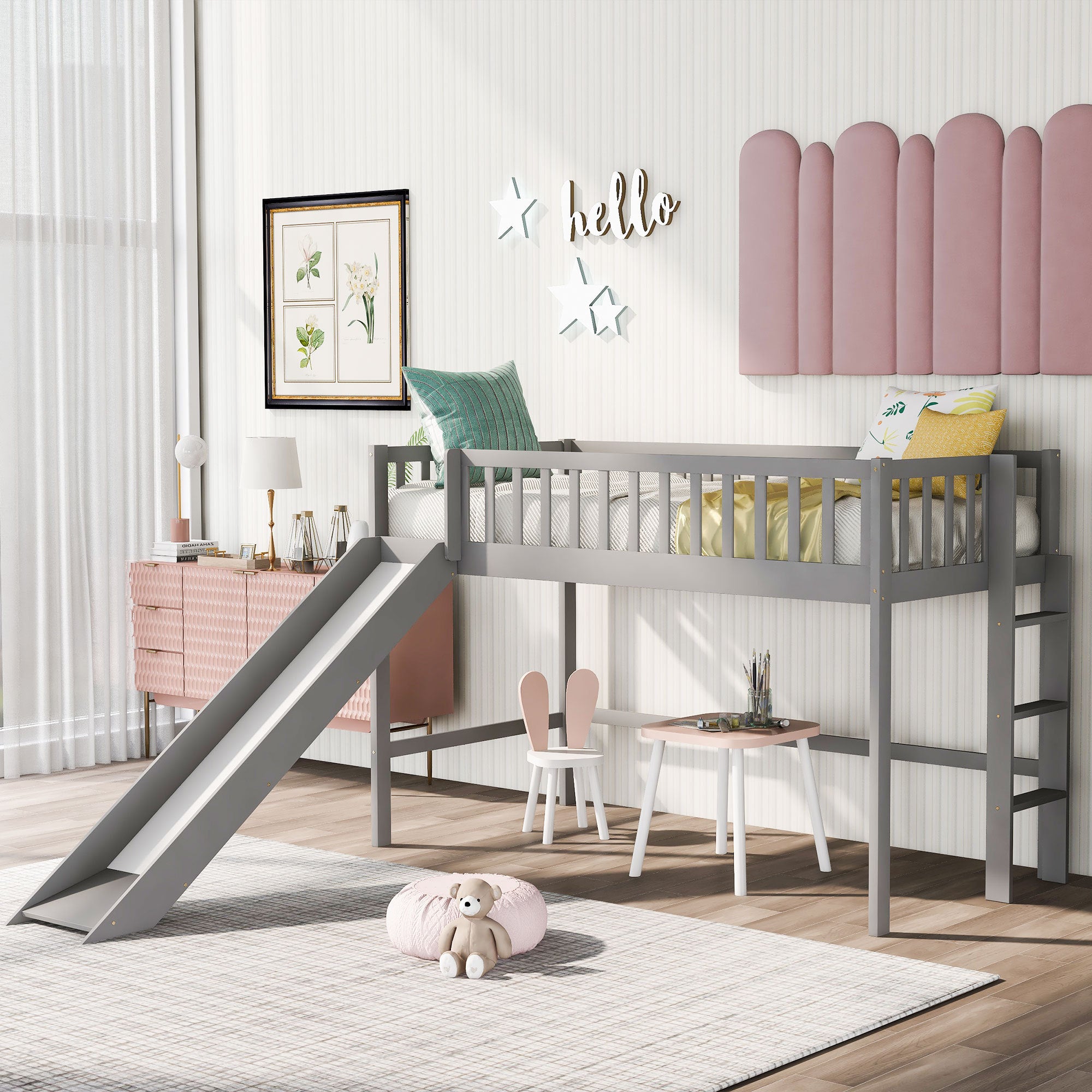 Twin Size Low Loft Bed with Ladder and Slide (Gray)