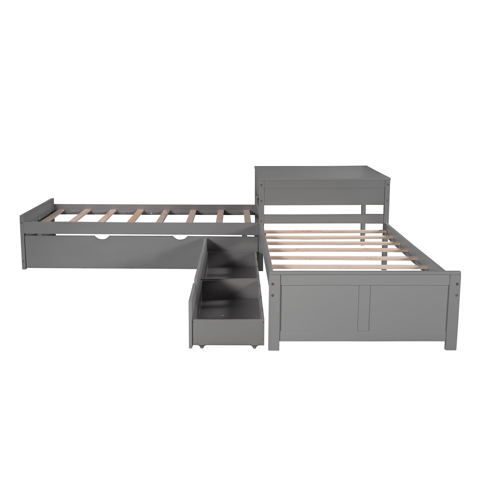 L-shaped Platform Bed with Trundle and Drawers Linked with built-in Desk (Gray)