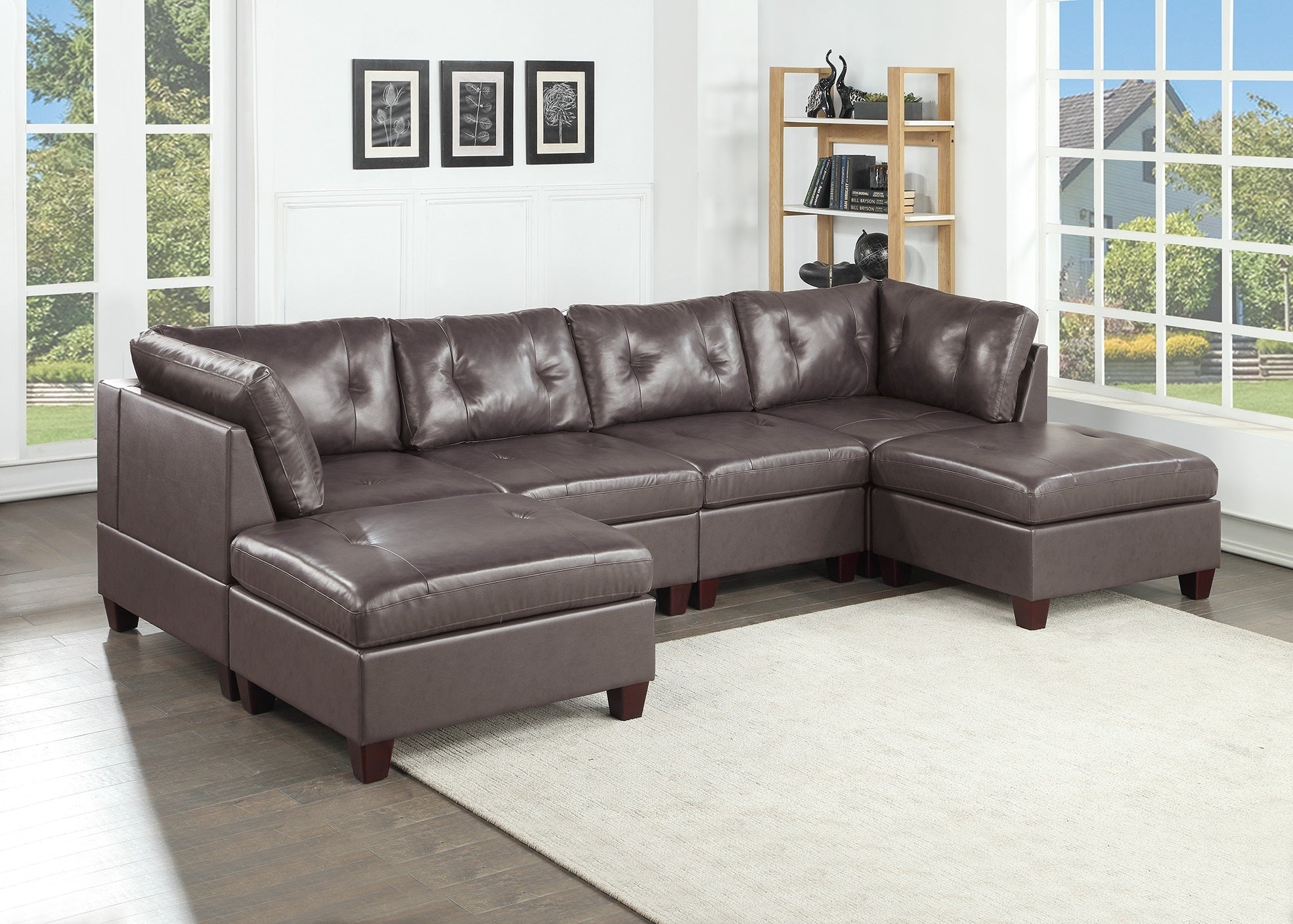 Leather Tufted 6 Piece Set 2x Wedge 2x Armless Chair 2x Ottomans Sofa (Brown)