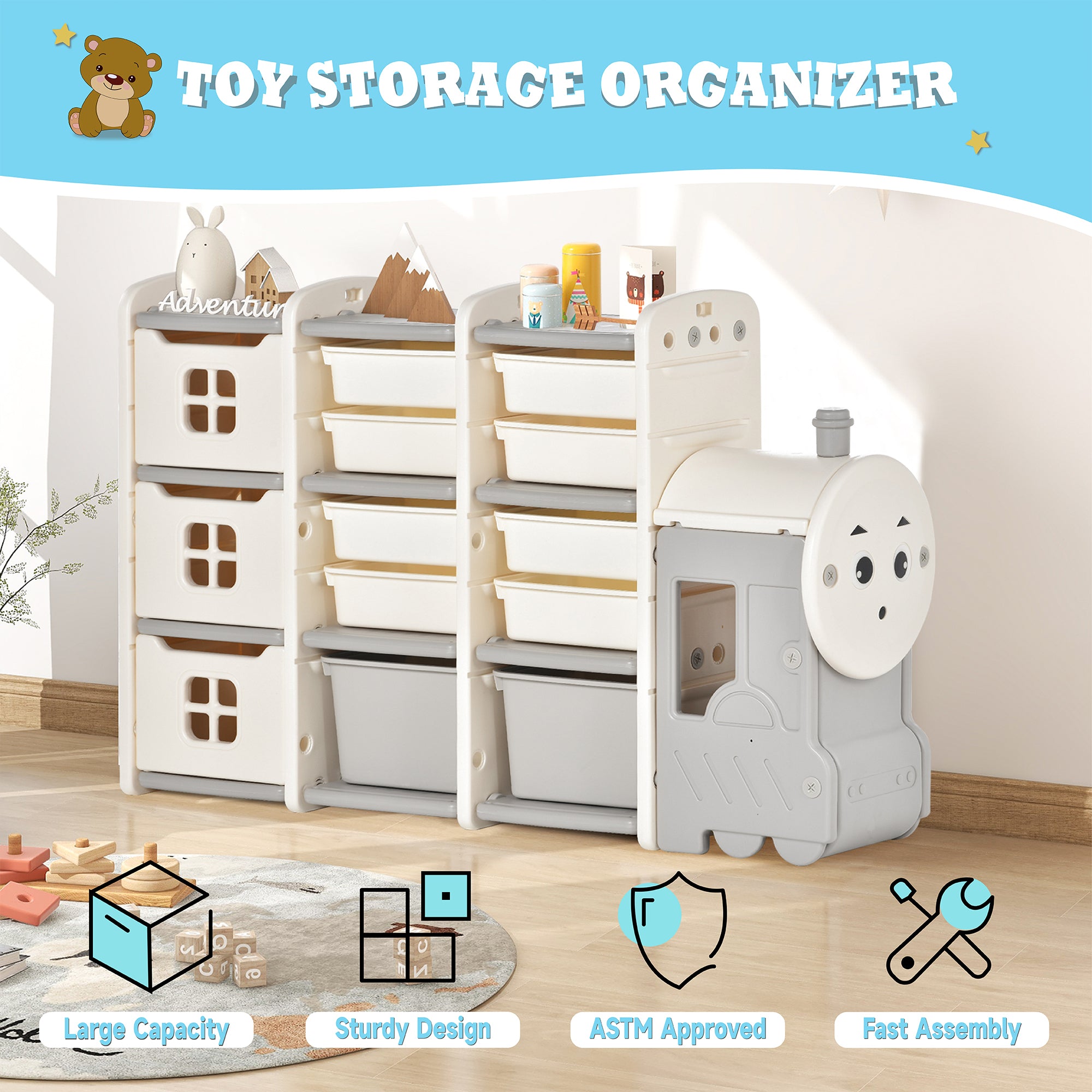 Kids Toy Storage Organizer Bin with 13 Bins and Cabinets