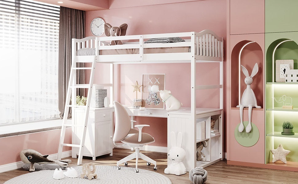 Twin size Loft Bed with Drawers (White)
