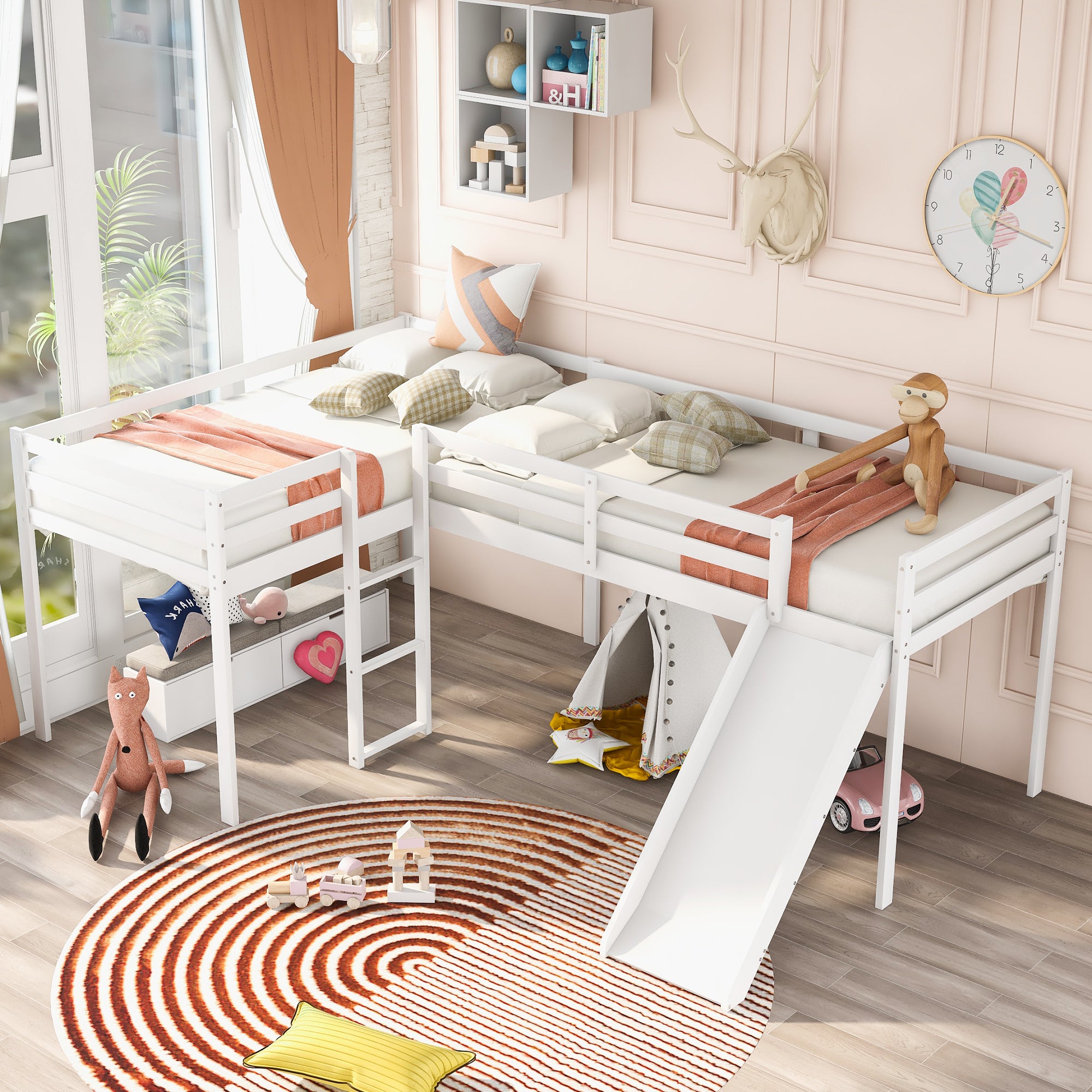 L-Shaped Twin Size Loft Bed with Ladder and Slide (White)